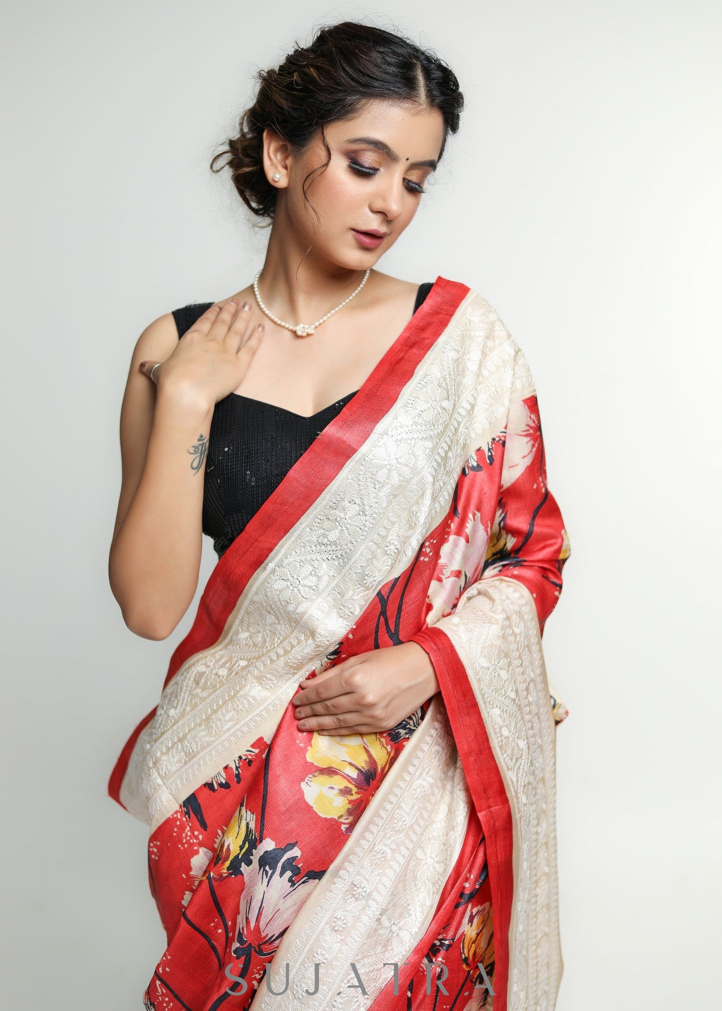 Stylish Red Pure Tussar Silk printed Saree with Lucknowi Work on border & Pallu