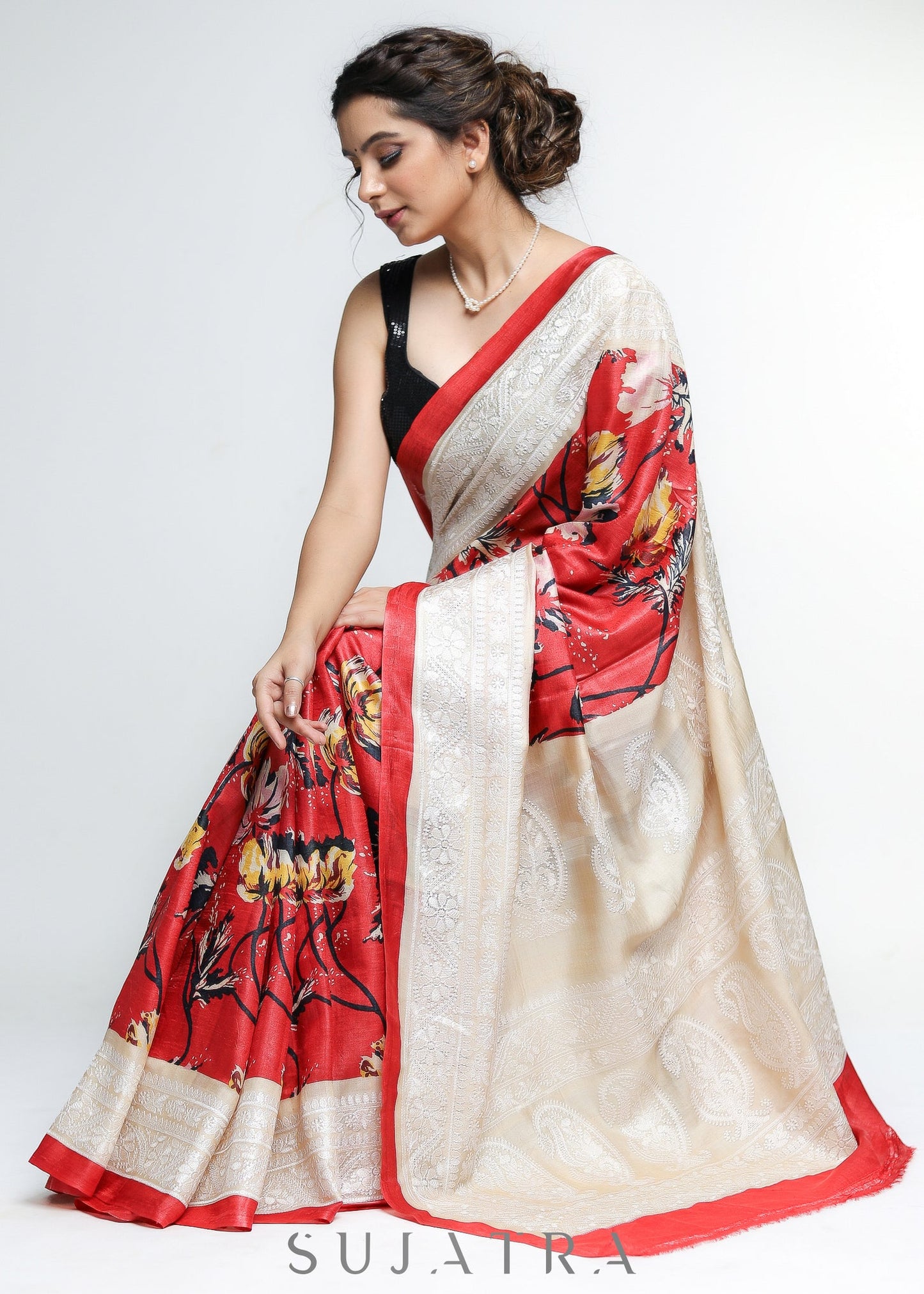 Stylish Red Pure Tussar Silk printed Saree with Lucknowi Work on border & Pallu