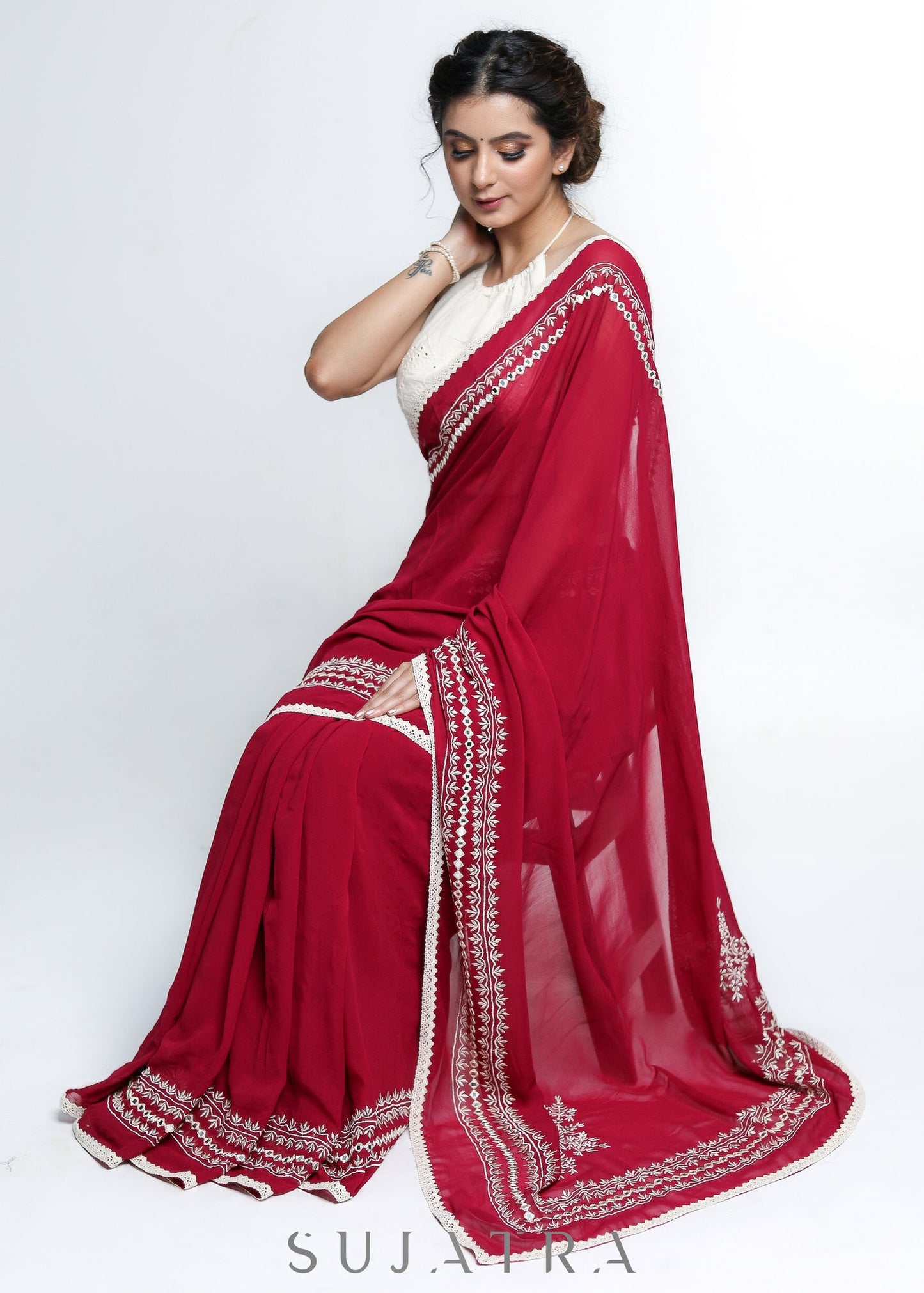 Georgette Magenta Saree with Delicate White Machine Embroidered