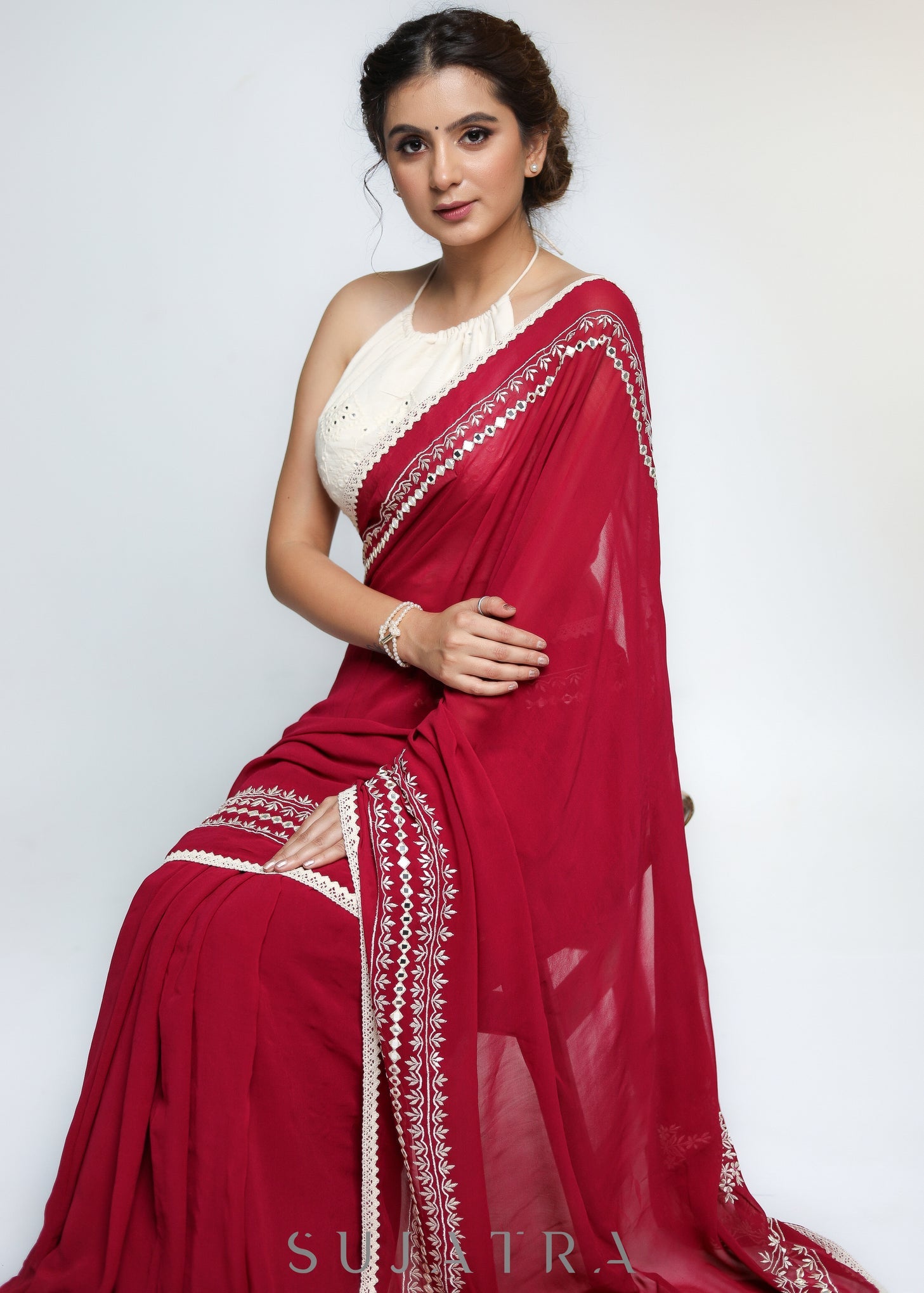 Georgette Magenta Saree with Delicate White Machine Embroidered