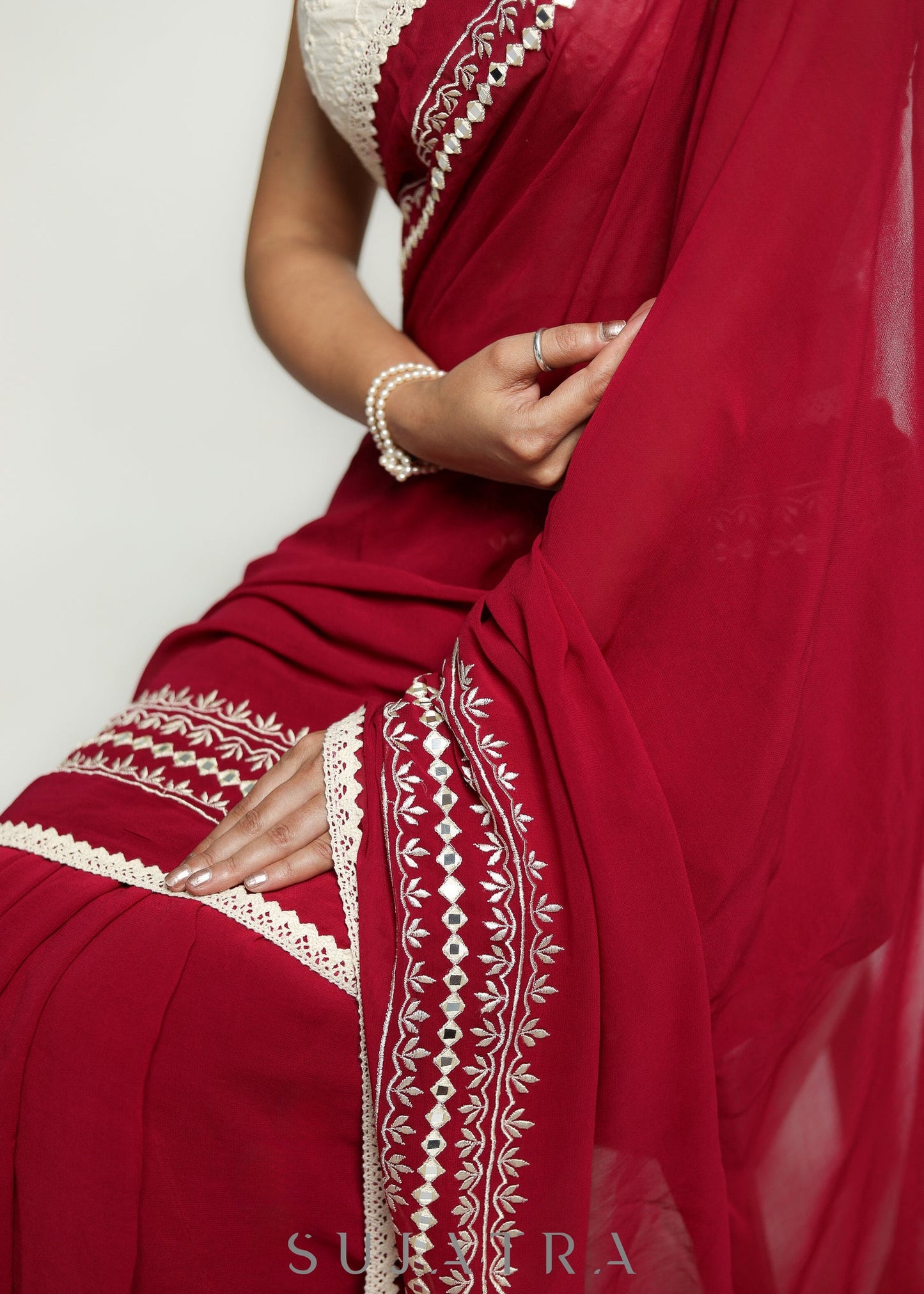 Georgette Magenta Saree with Delicate White Machine Embroidered