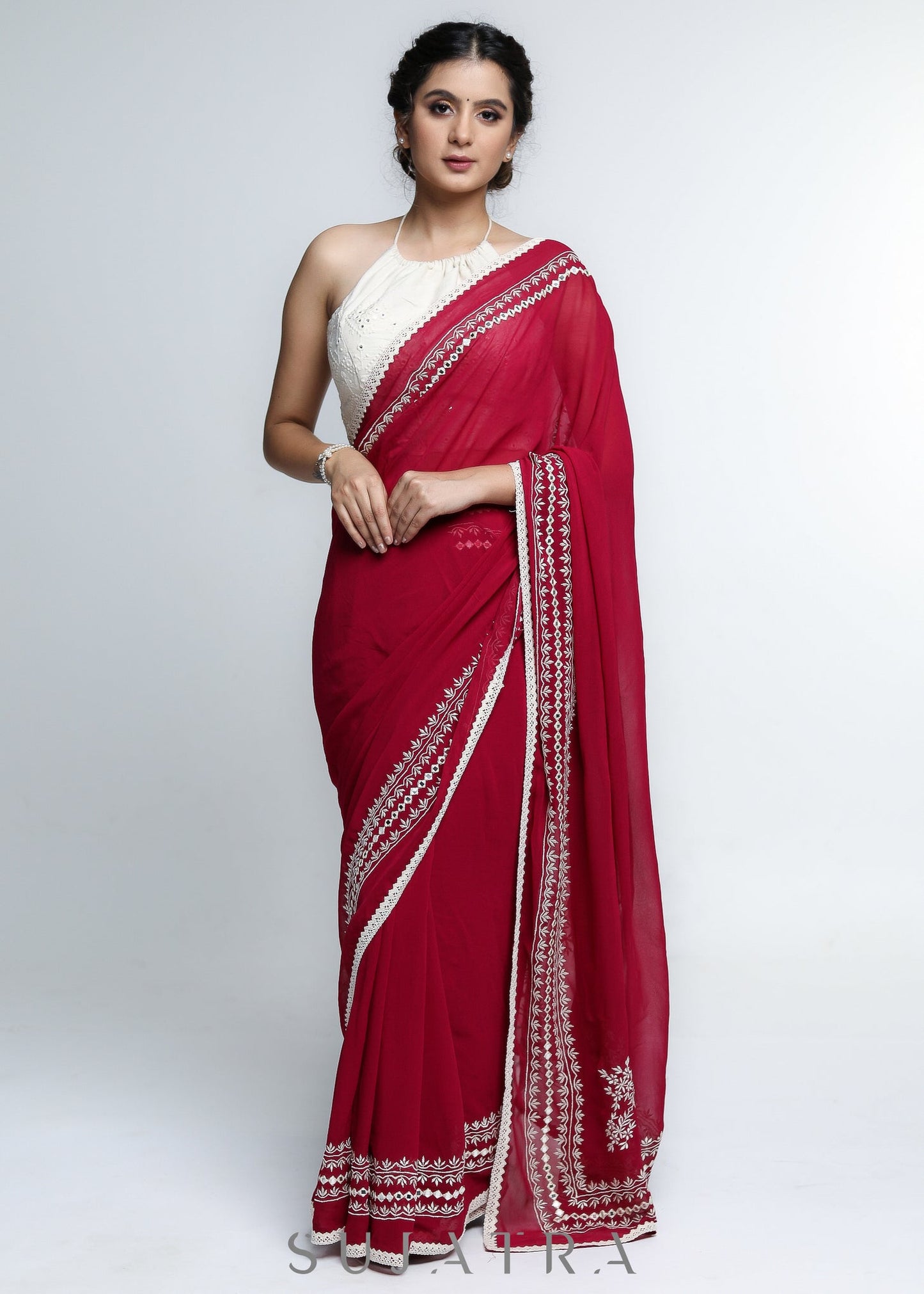 Georgette Magenta Saree with Delicate White Machine Embroidered