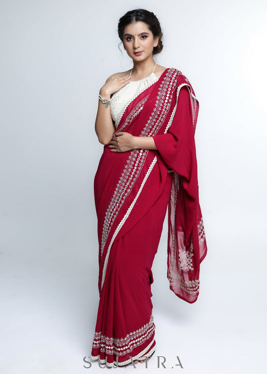 Georgette Magenta Saree with Delicate White Machine Embroidered