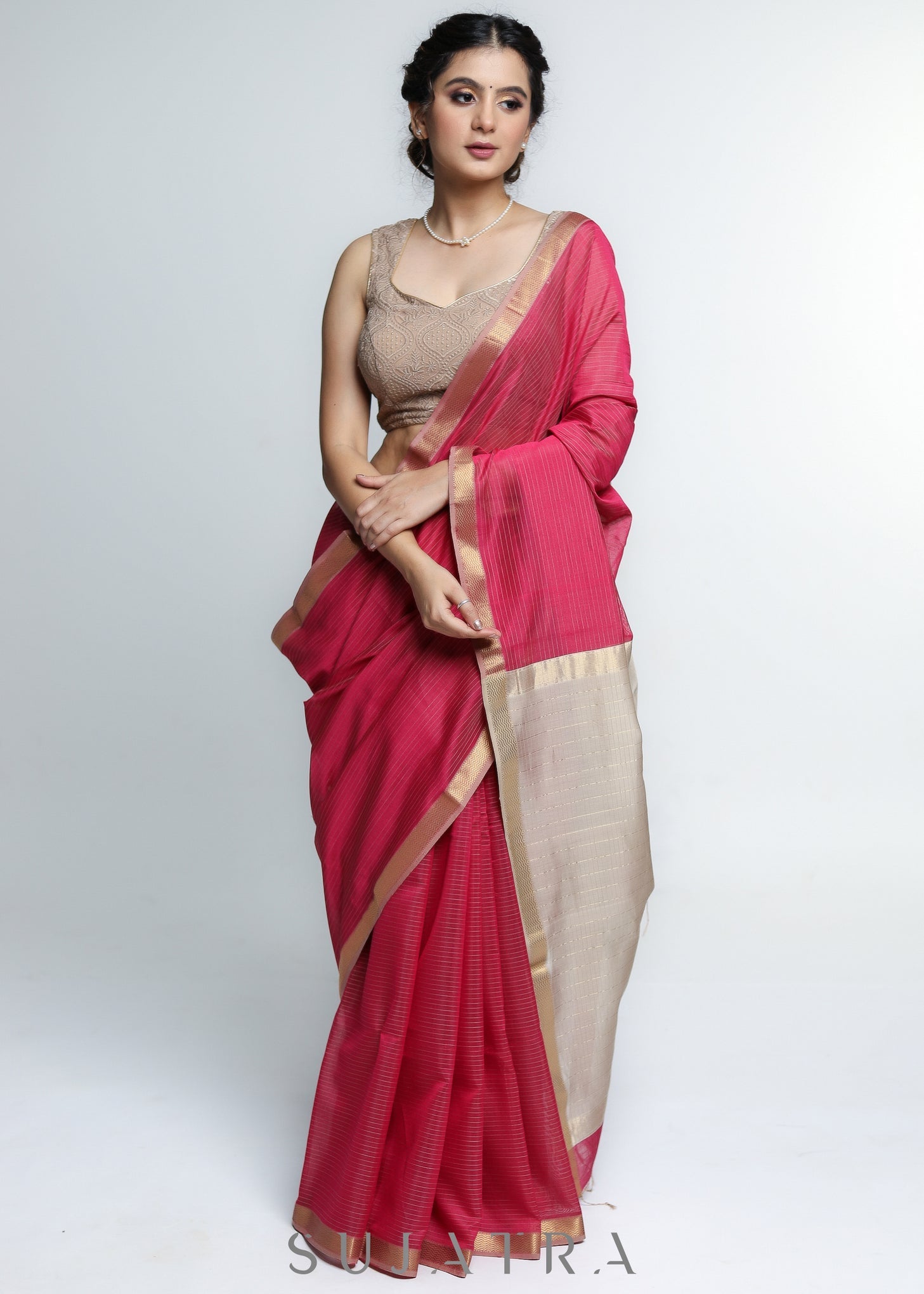 Classy Pink Pure Maheshwari Saree with Zari Border & Cream Pallu