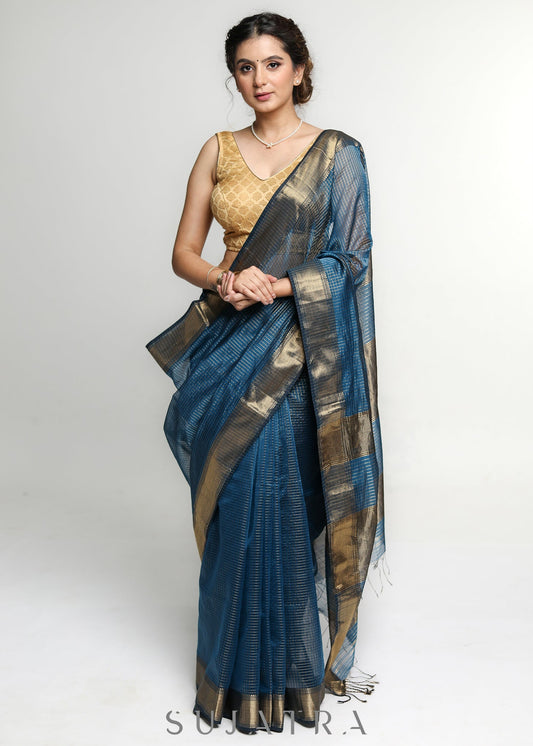 Gorgeous Teal Pure Maheshwari Saree with Zari Border