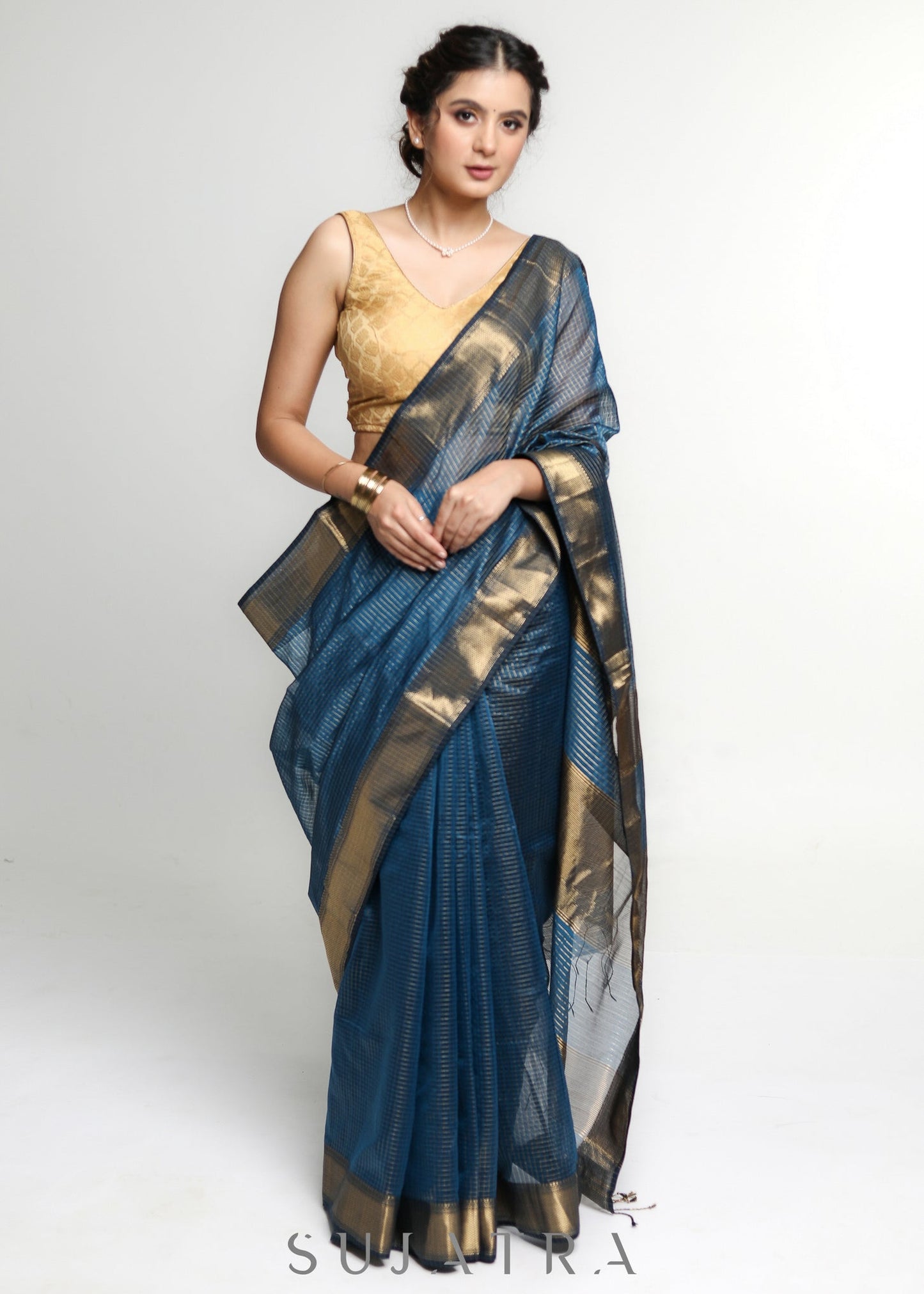 Gorgeous Teal Pure Maheshwari Saree with Zari Border