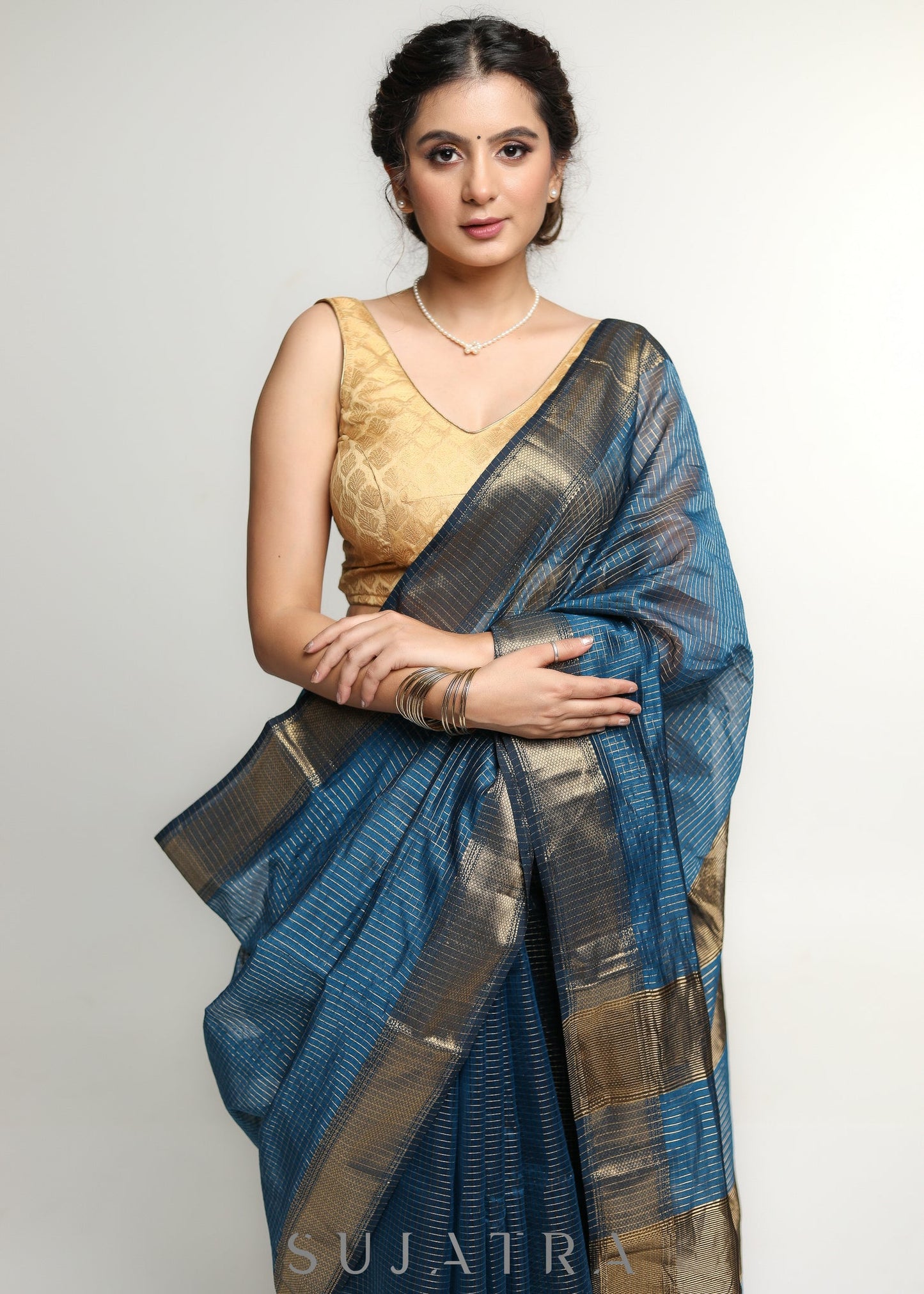 Gorgeous Teal Pure Maheshwari Saree with Zari Border