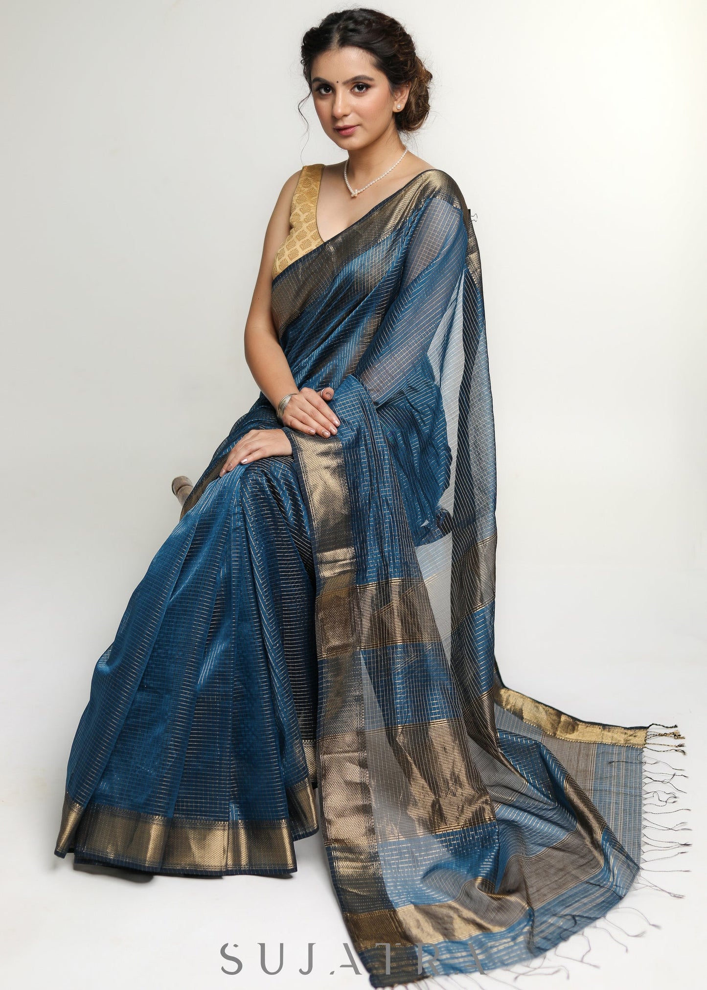 Gorgeous Teal Pure Maheshwari Saree with Zari Border