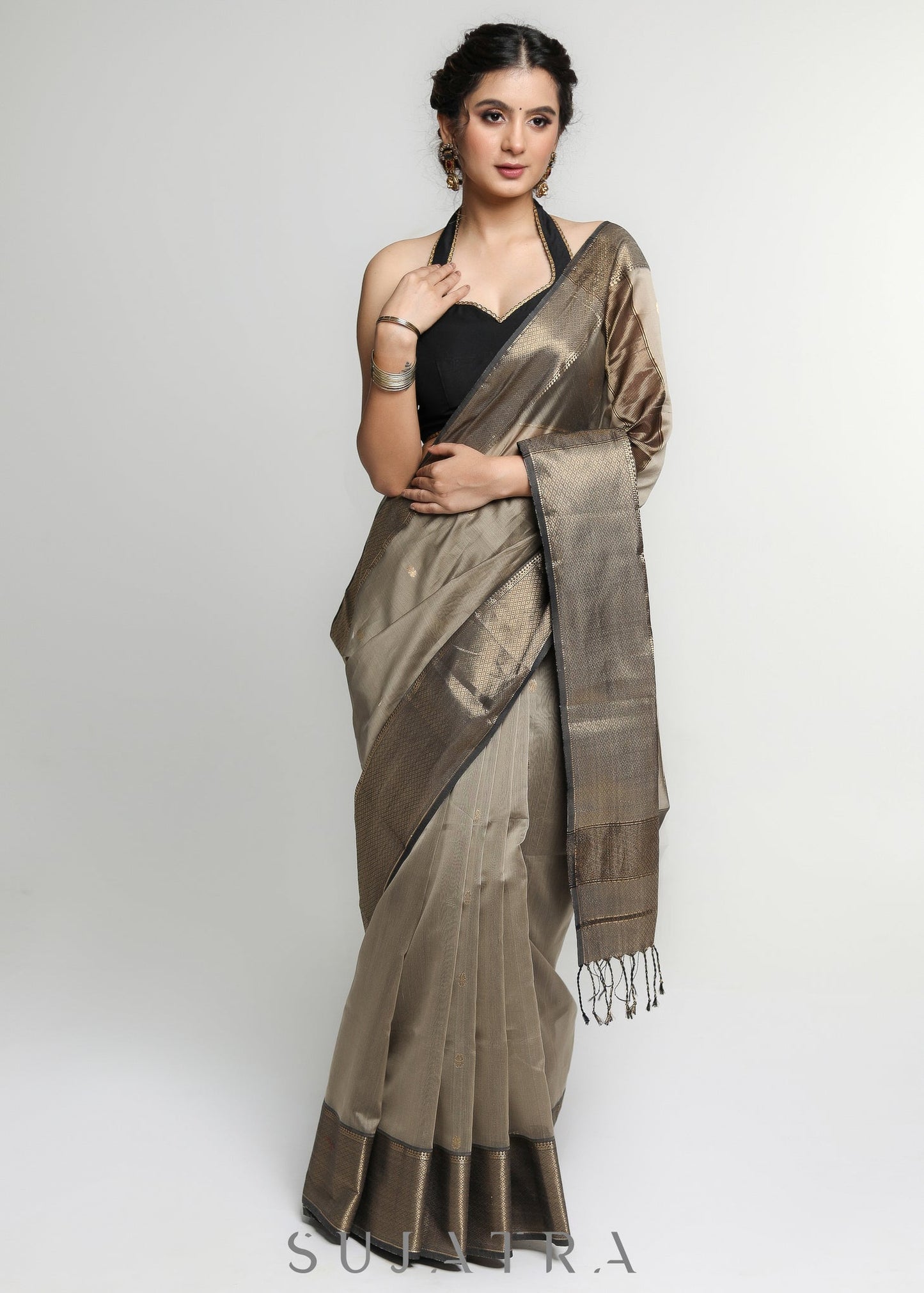 Stylish Light Brown Pure Maheshwari Saree with Zari Border & Butta allover