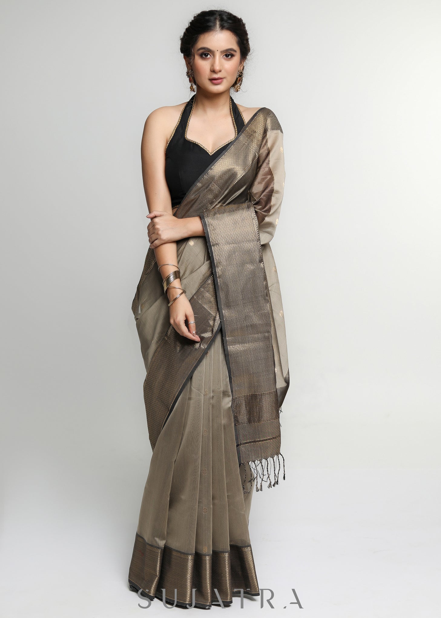 Stylish Light Brown Pure Maheshwari Saree with Zari Border & Butta allover