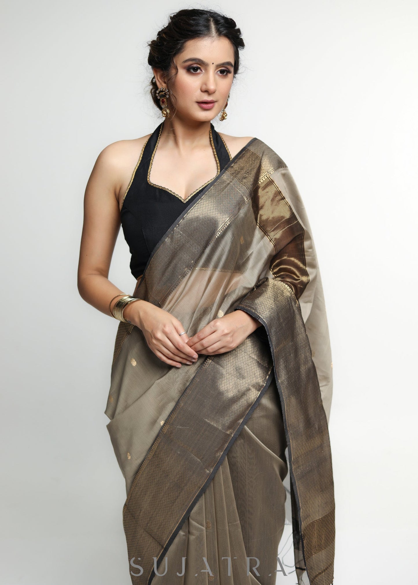 Stylish Light Brown Pure Maheshwari Saree with Zari Border & Butta allover