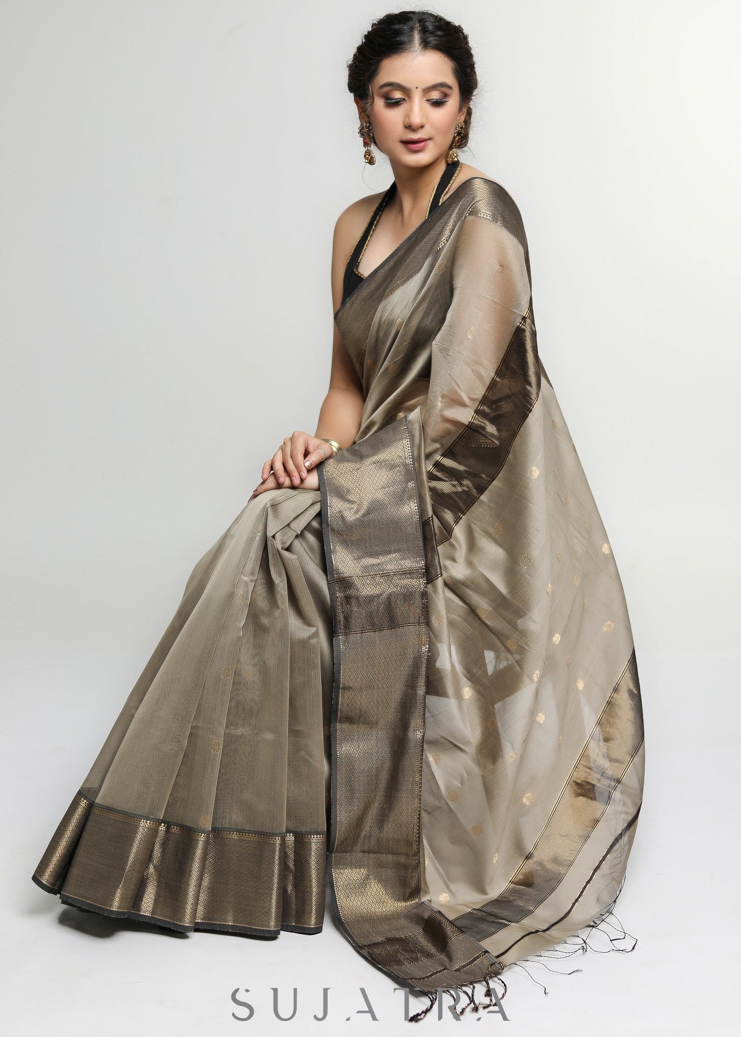 Stylish Light Brown Pure Maheshwari Saree with Zari Border & Butta allover