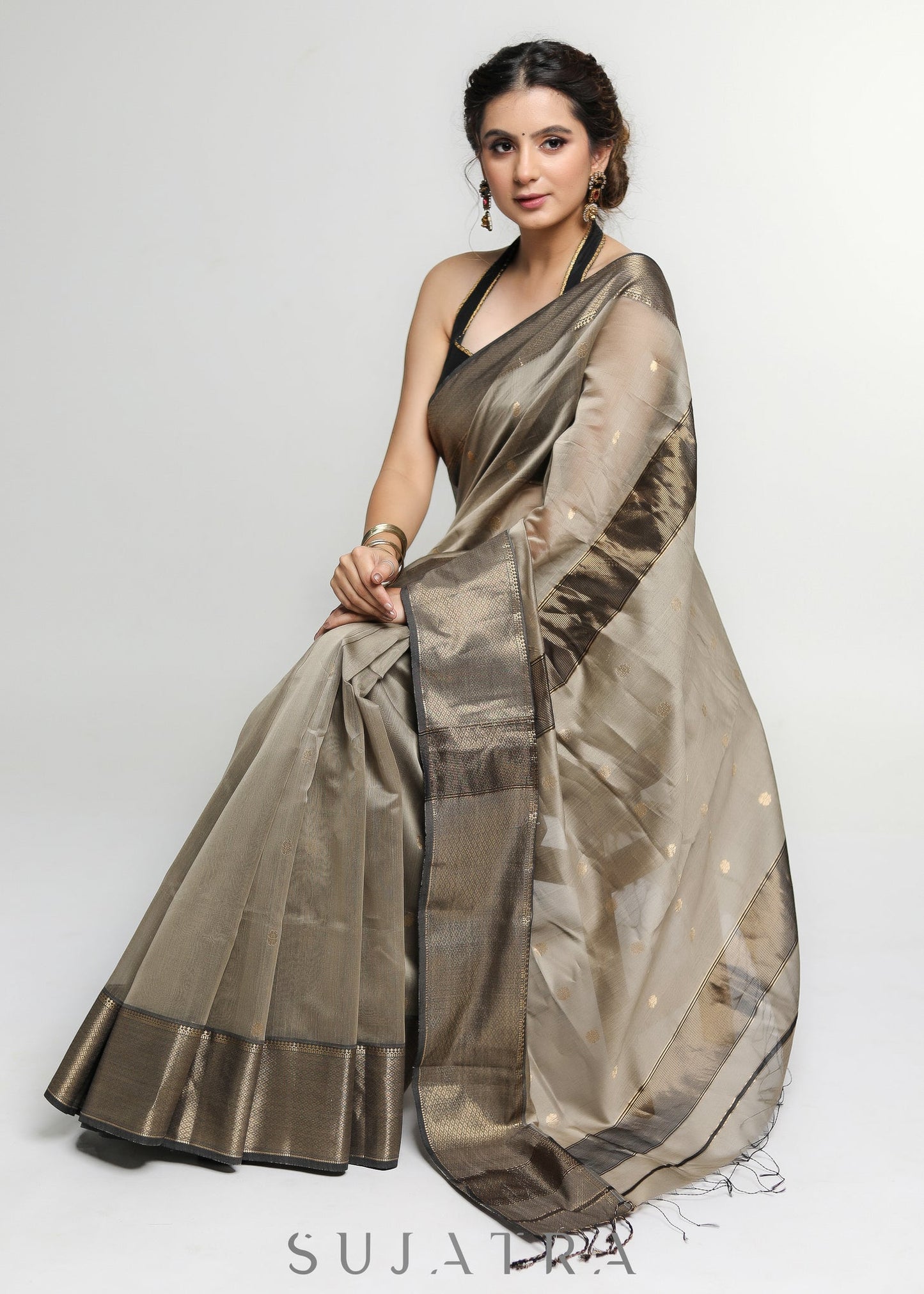 Stylish Light Brown Pure Maheshwari Saree with Zari Border & Butta allover