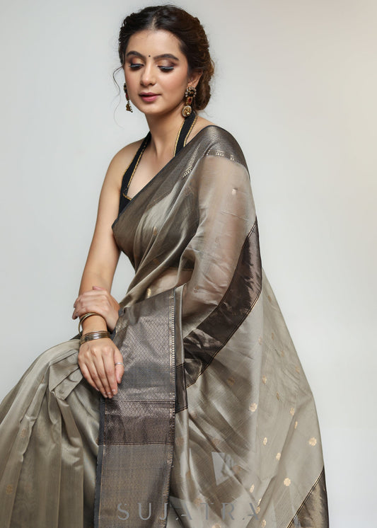 Stylish Light Brown Pure Maheshwari Saree with Zari Border & Butta allover