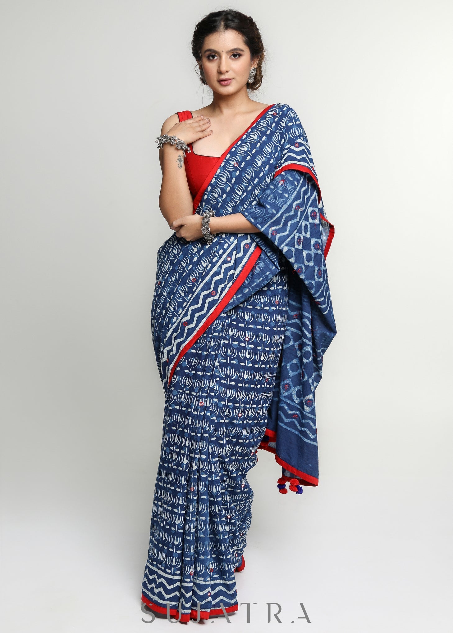 Elegant Indigo Cotton Saree with Mirror work & Red Border