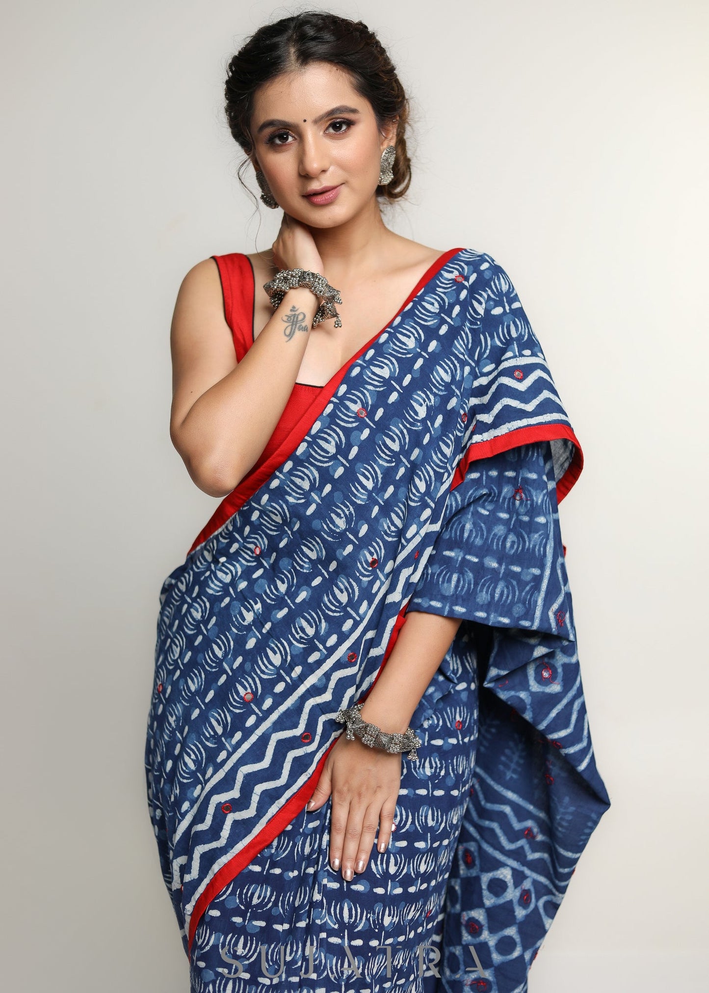 Elegant Indigo Cotton Saree with Mirror work & Red Border