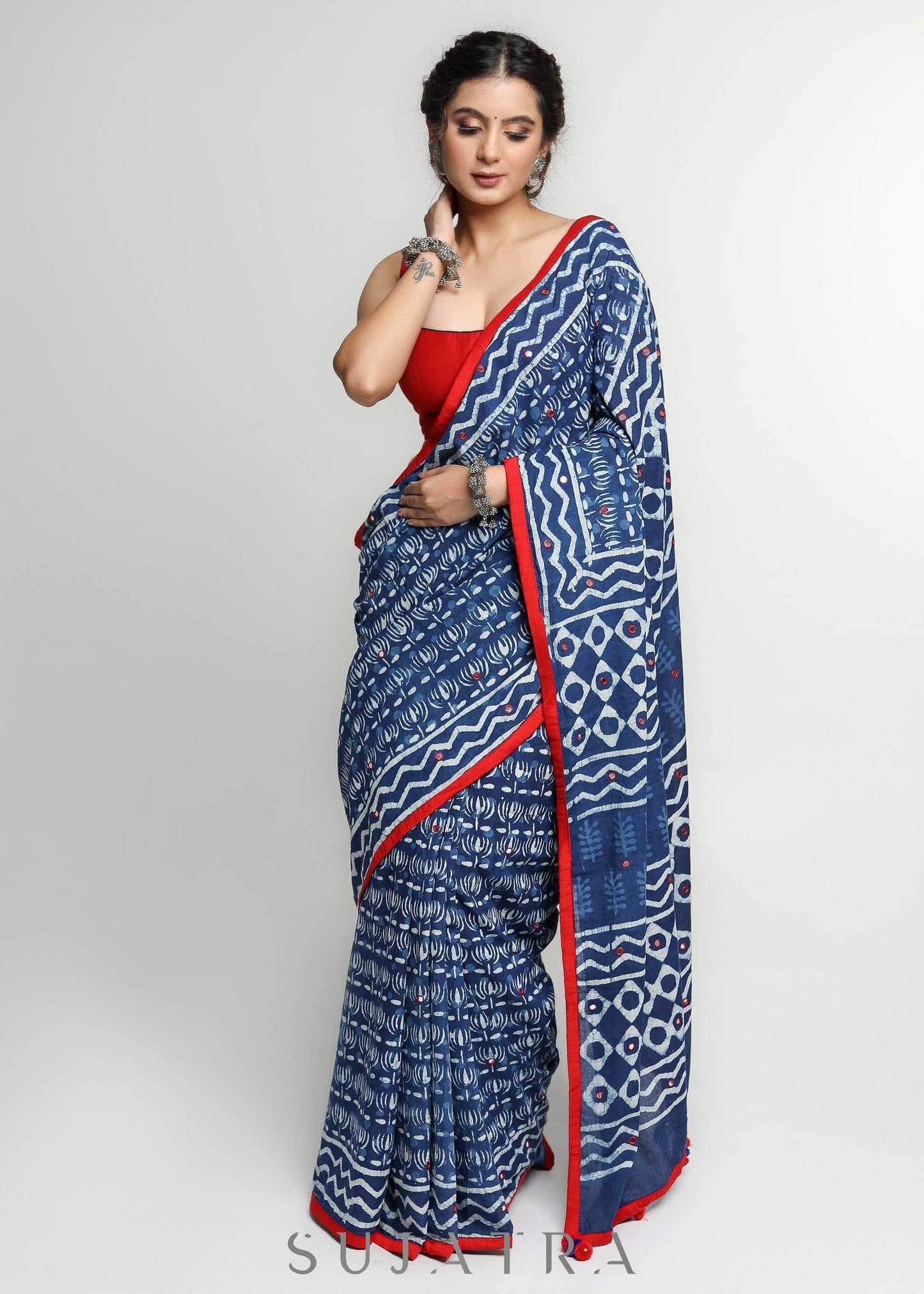 Elegant Indigo Cotton Saree with Mirror work & Red Border