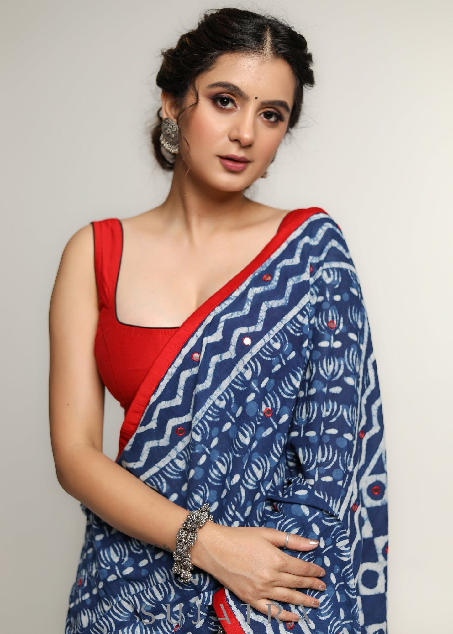 Elegant Indigo Cotton Saree with Mirror work & Red Border