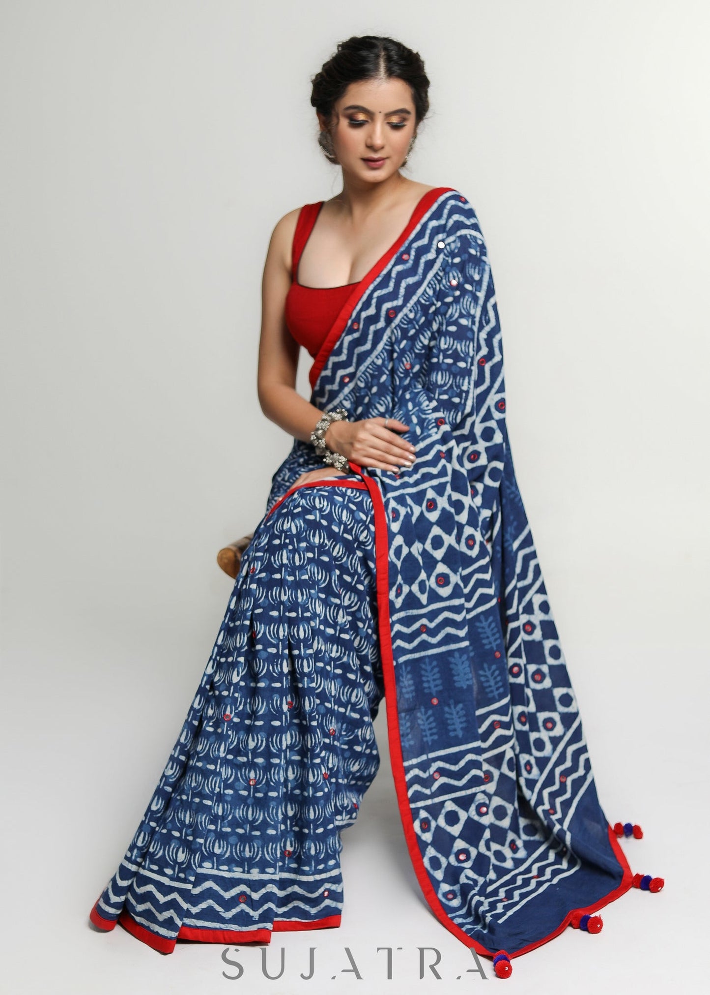 Elegant Indigo Cotton Saree with Mirror work & Red Border