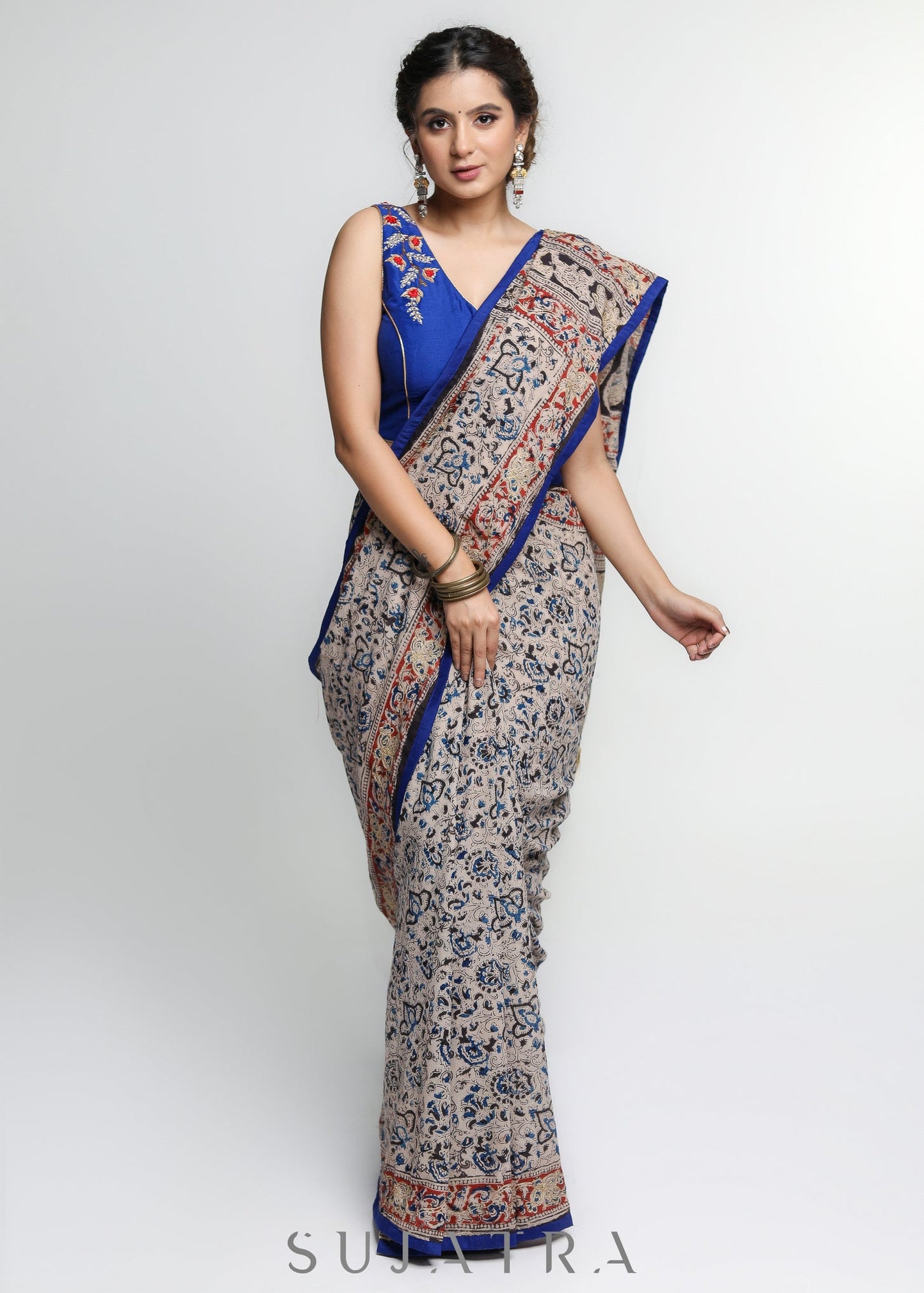 Smart  Kalamkari print Cotton Saree with Gold thread work and Blue Border