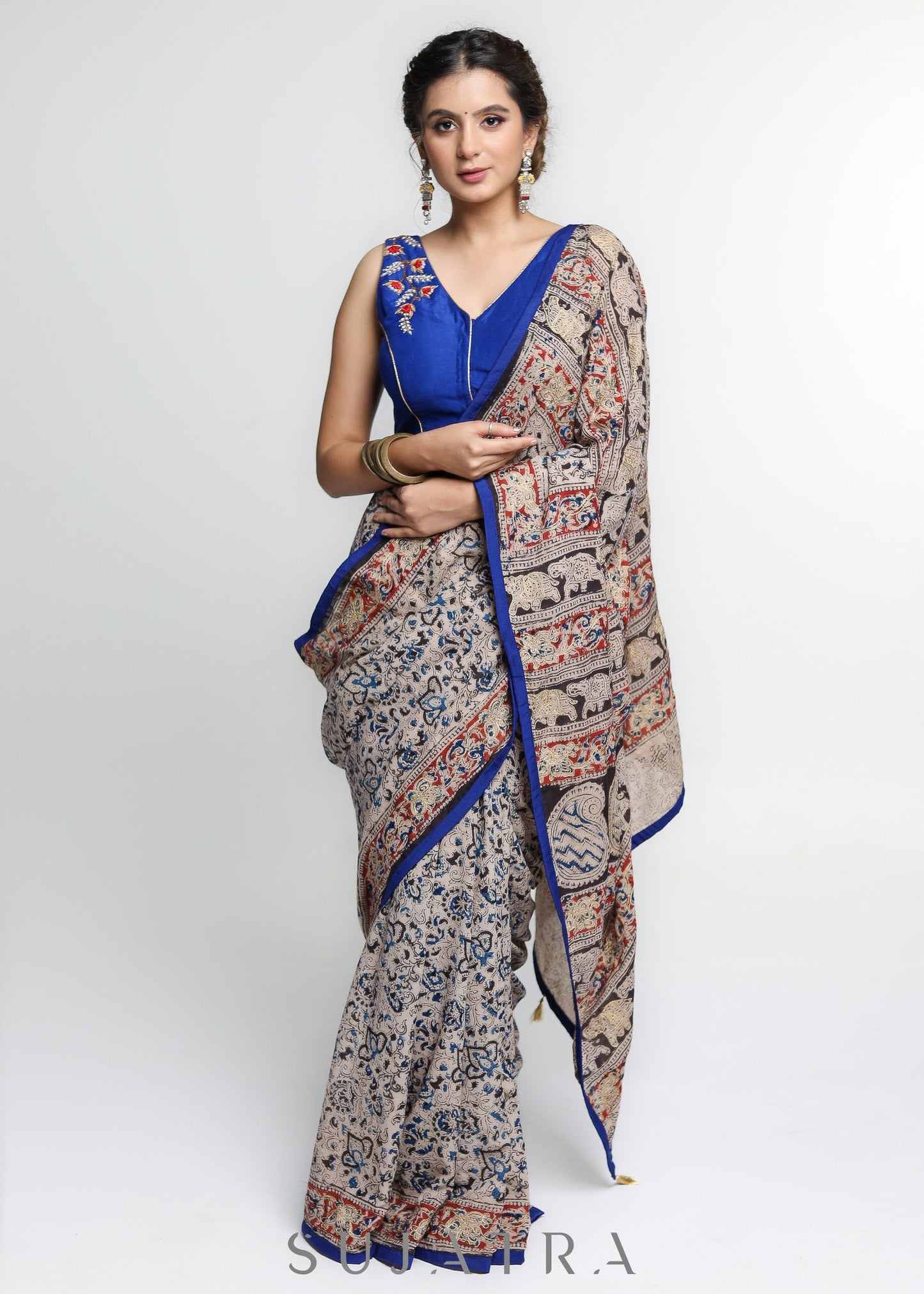 Smart  Kalamkari print Cotton Saree with Gold thread work and Blue Border