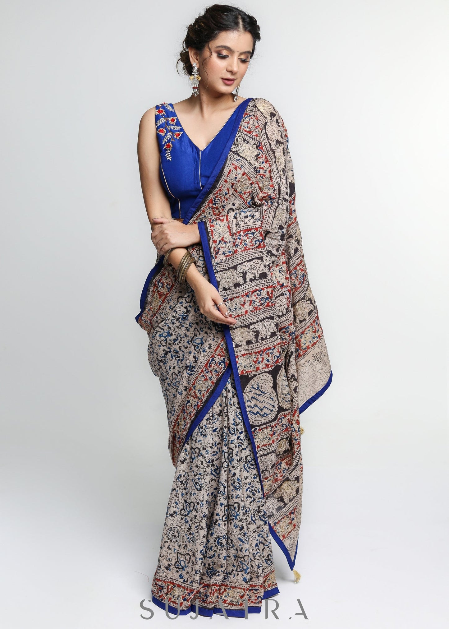 Smart  Kalamkari print Cotton Saree with Gold thread work and Blue Border