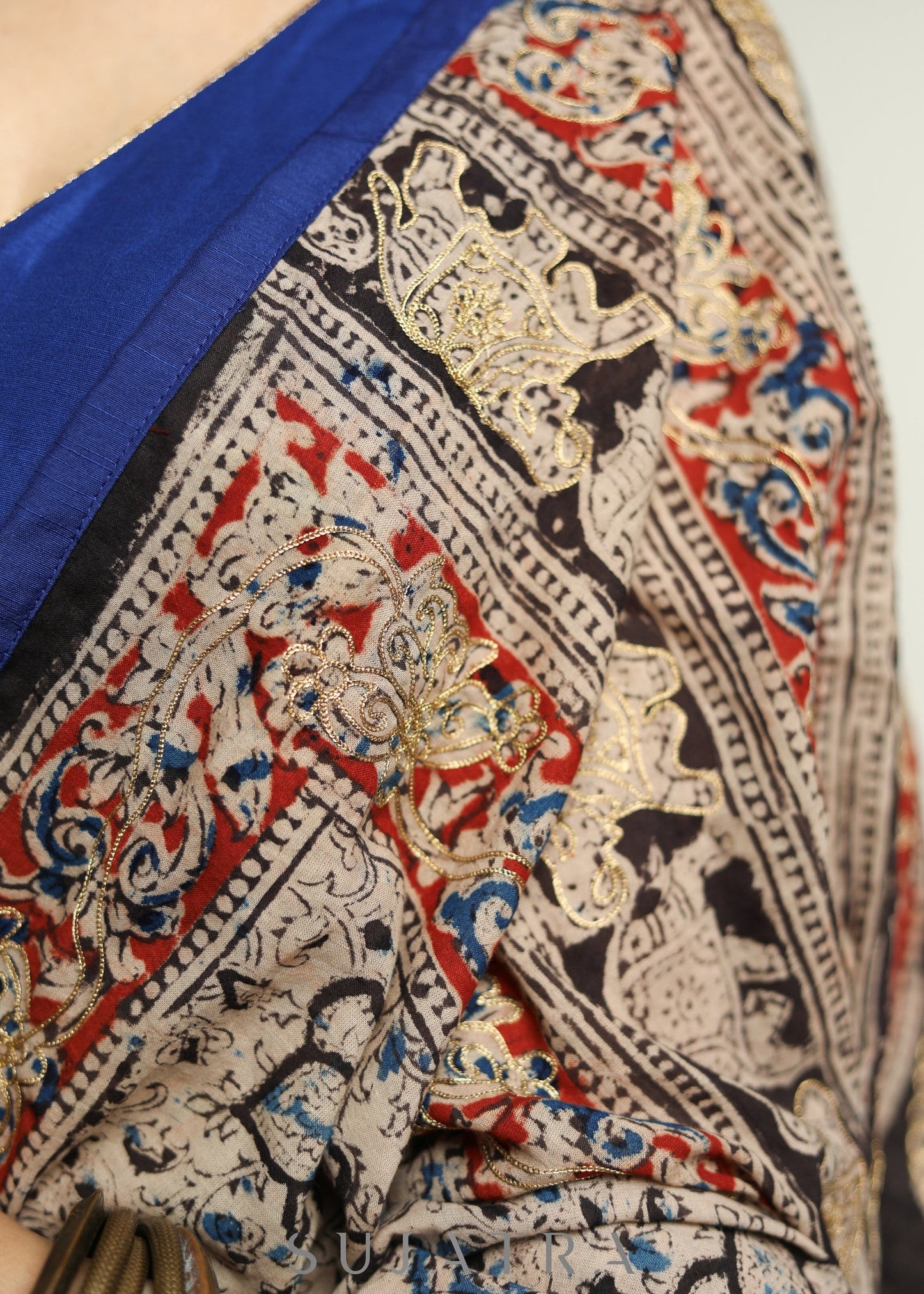 Smart  Kalamkari print Cotton Saree with Gold thread work and Blue Border