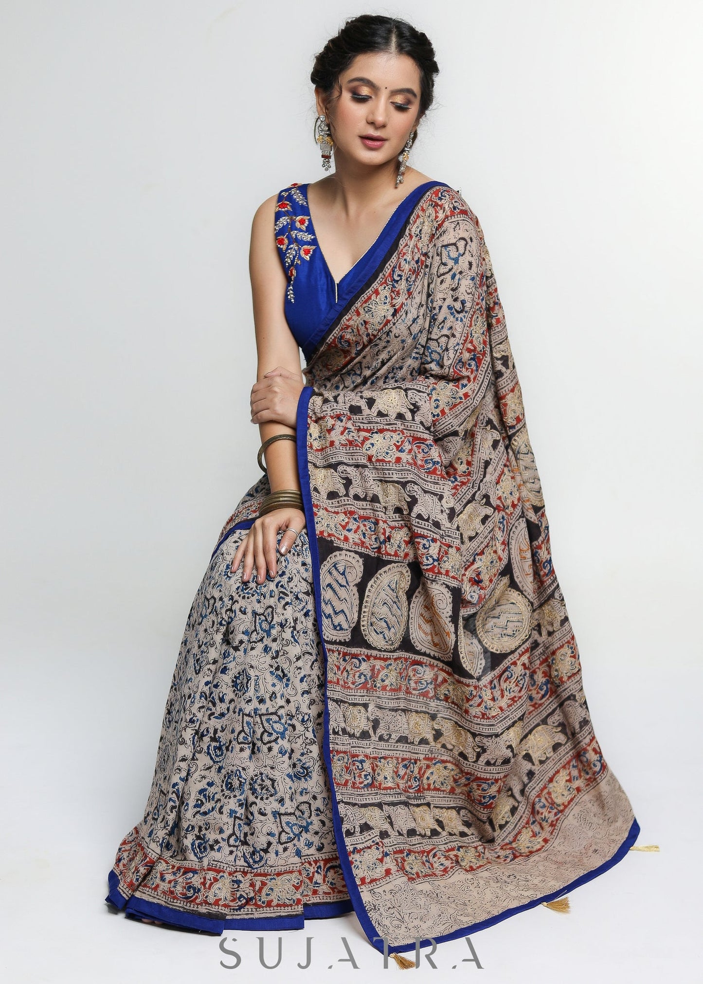 Smart  Kalamkari print Cotton Saree with Gold thread work and Blue Border