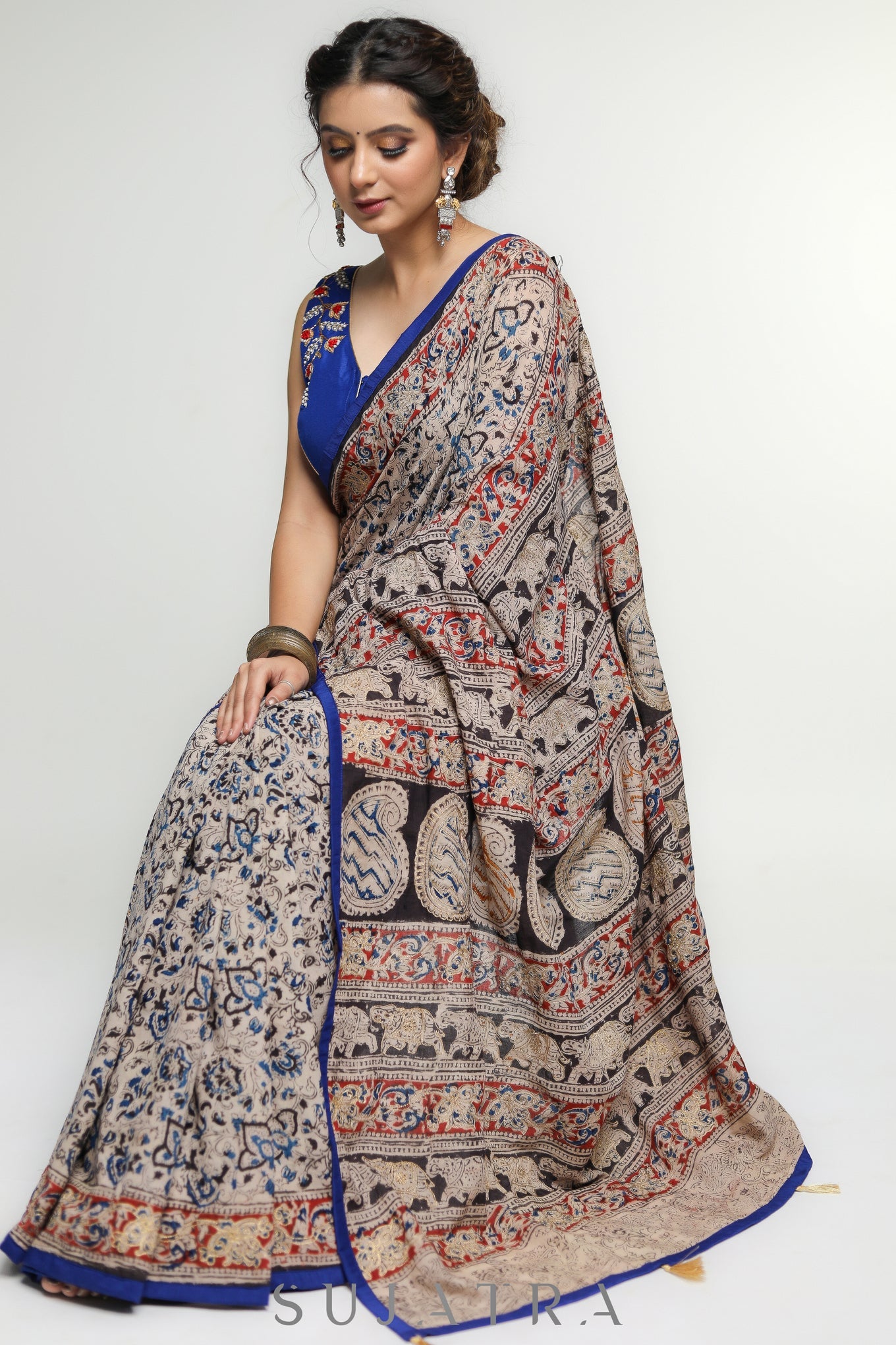 Smart  Kalamkari print Cotton Saree with Gold thread work and Blue Border