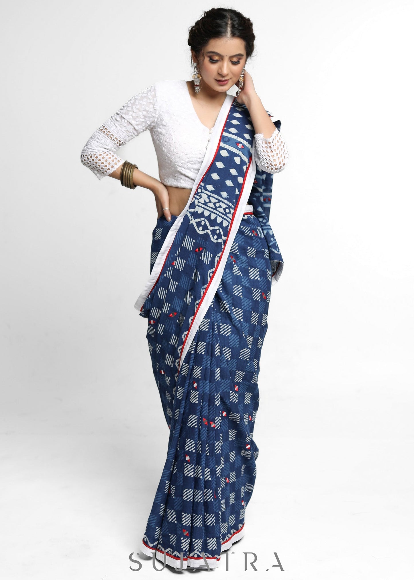 Lightweight Indigo Cotton Saree with Mirror work Detailing and White Border