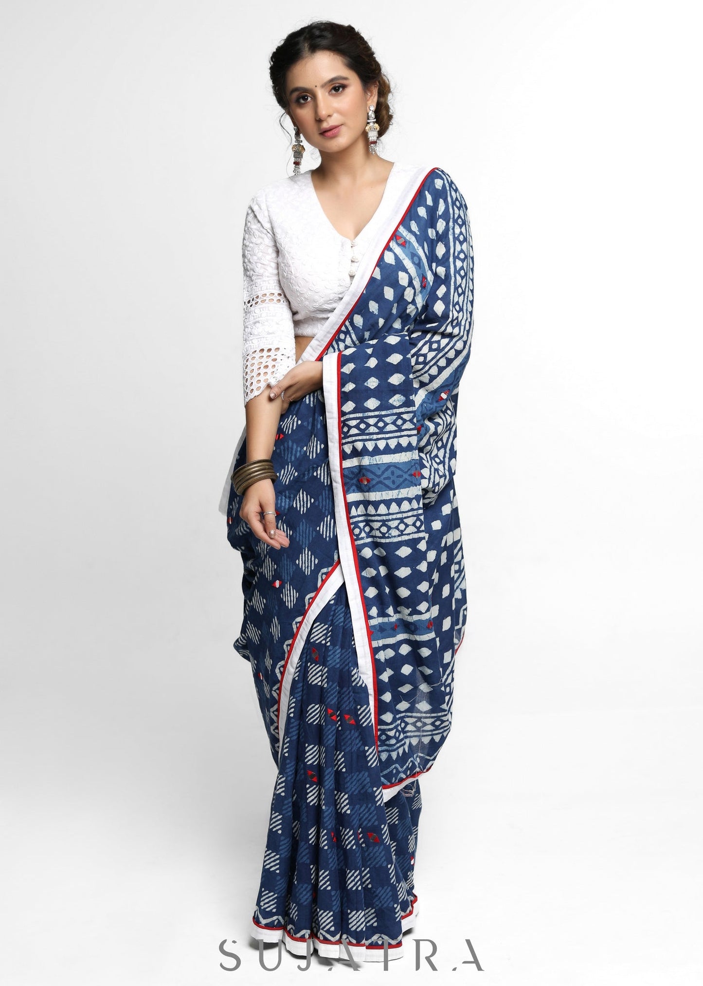 Lightweight Indigo Cotton Saree with Mirror work Detailing and White Border