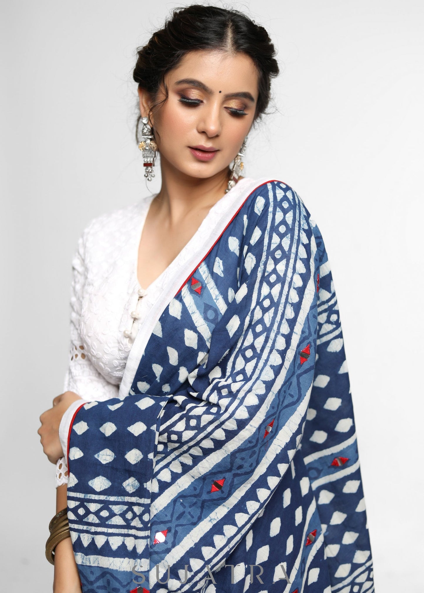 Lightweight Indigo Cotton Saree with Mirror work Detailing and White Border