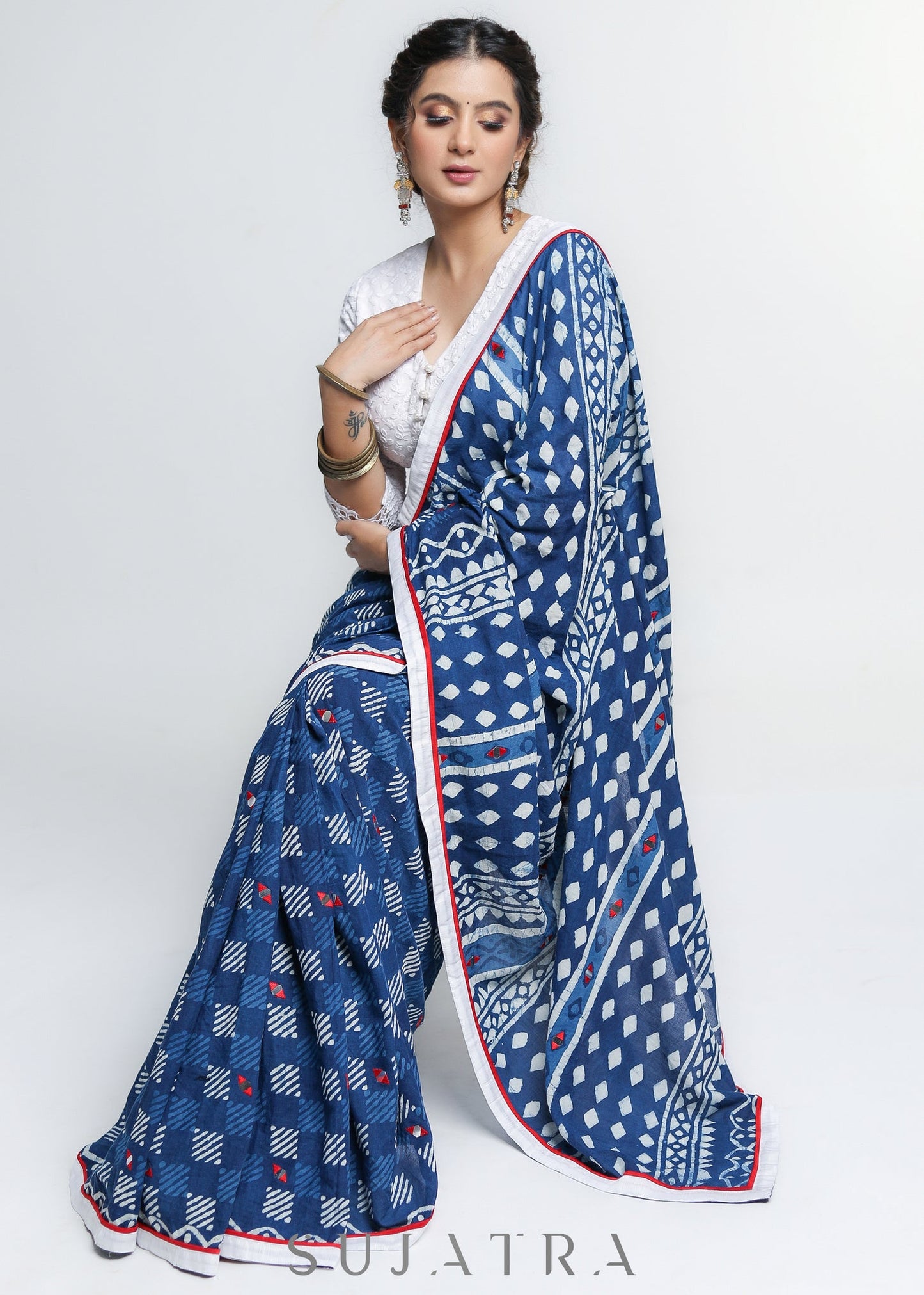 Lightweight Indigo Cotton Saree with Mirror work Detailing and White Border