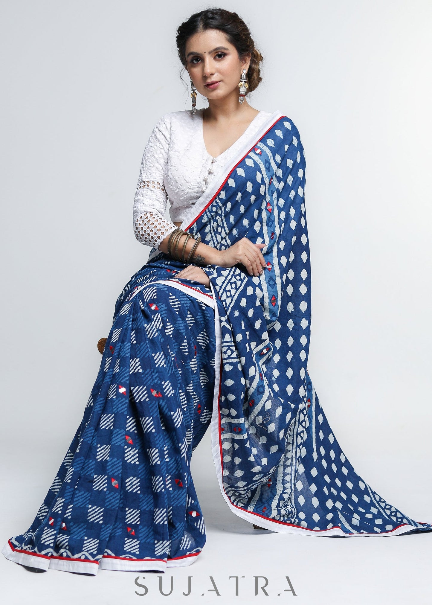 Lightweight Indigo Cotton Saree with Mirror work Detailing and White Border