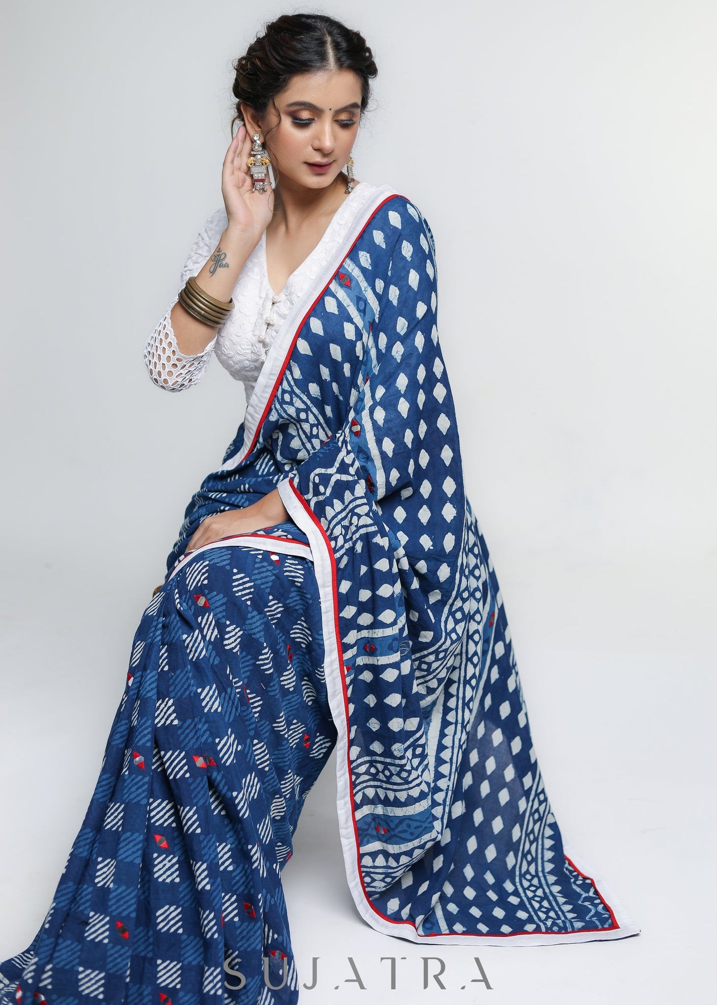 Lightweight Indigo Cotton Saree with Mirror work Detailing and White Border