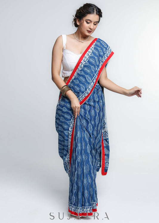 Beautiful Indigo Cotton Saree with mirror work detailing & red Border