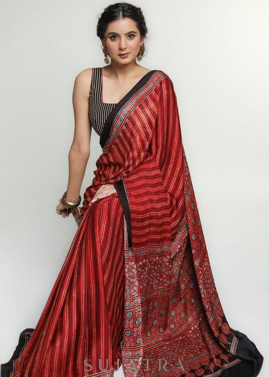 Exclusive Red Modal Silk Saree with Striped Pattern