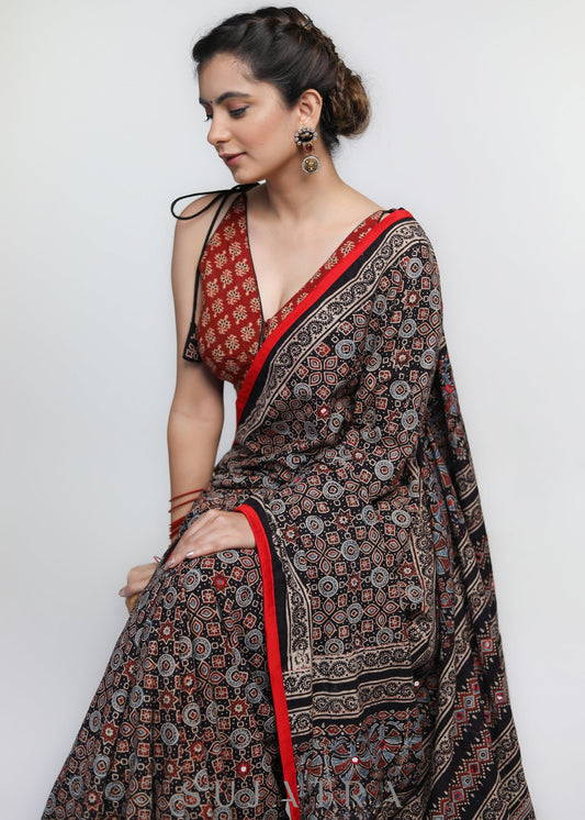 Gorgeous Black Ajrakh Cotton Saree with Red Border