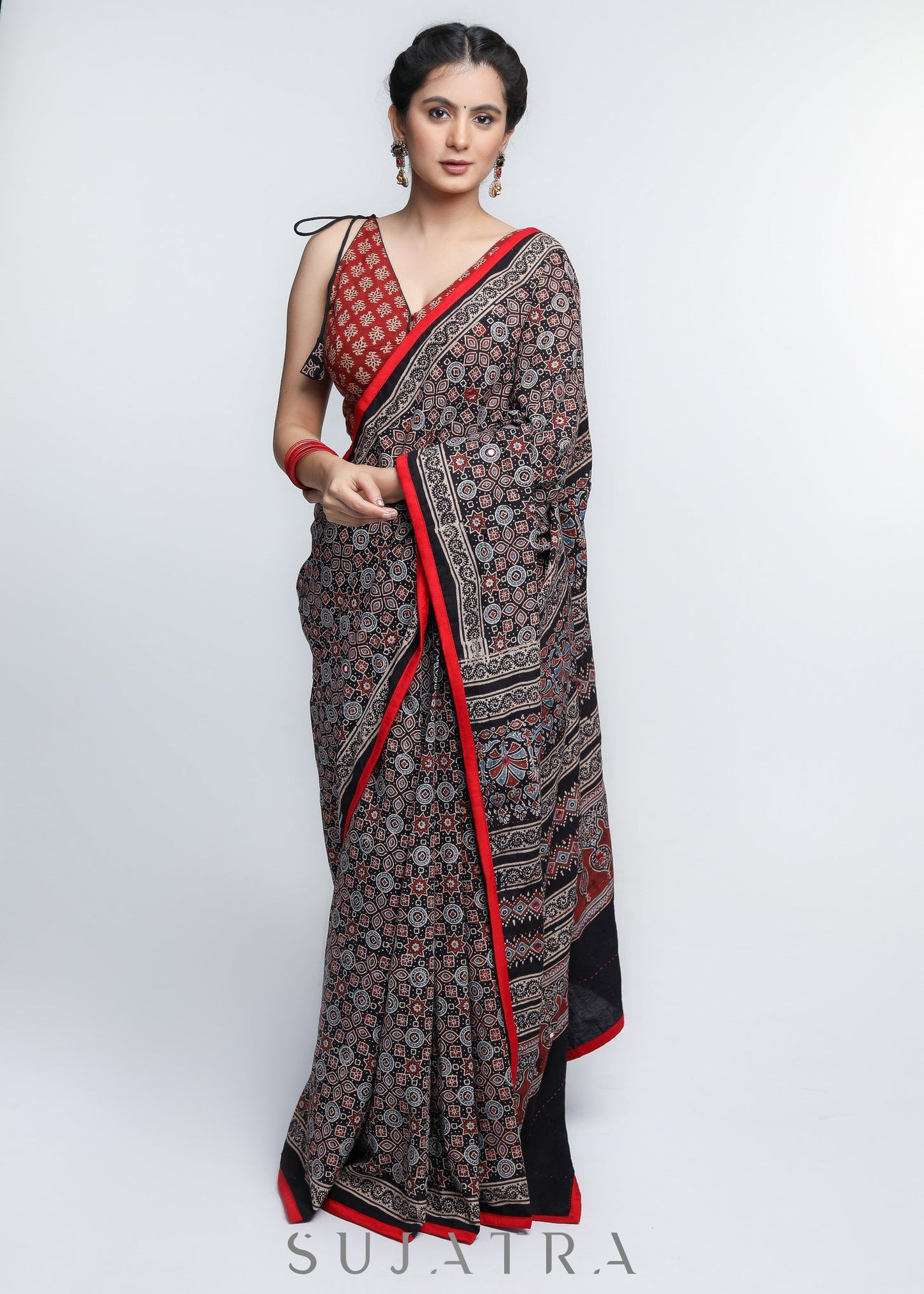 Gorgeous Black Ajrakh Cotton Saree with Red Border