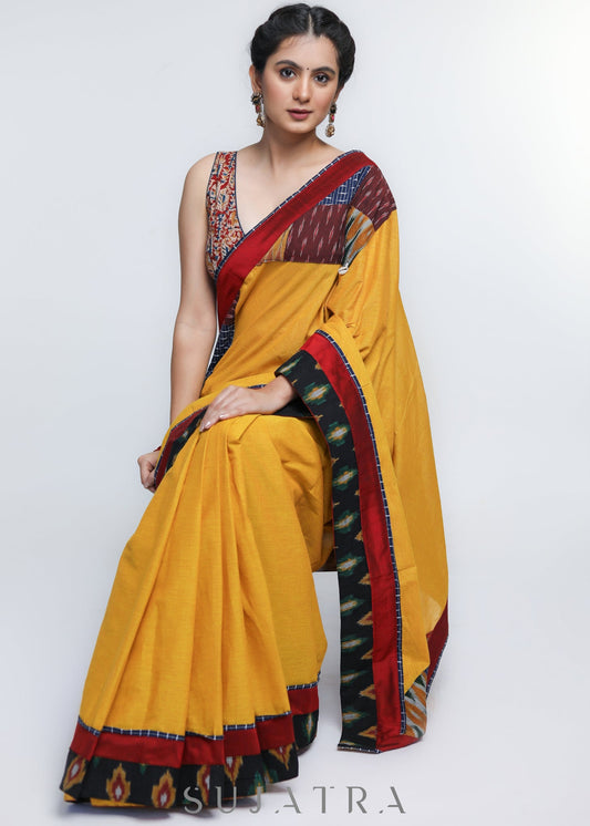 Graceful Mustard Cotton Saree with Patchwork Pallu & Ikat Border