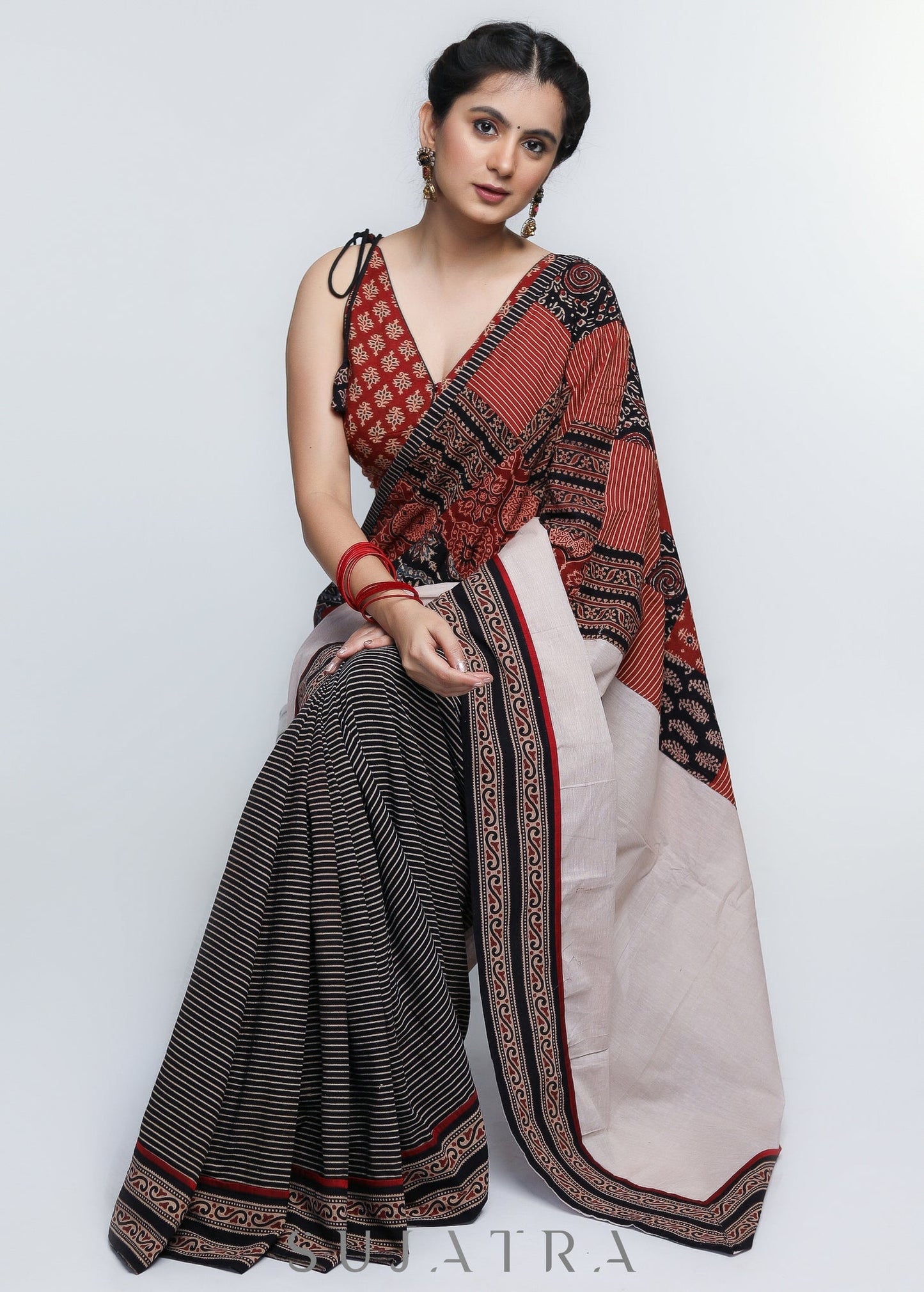 Designer Black Lines Cotton Saree with Patchwork & Cream Pallu