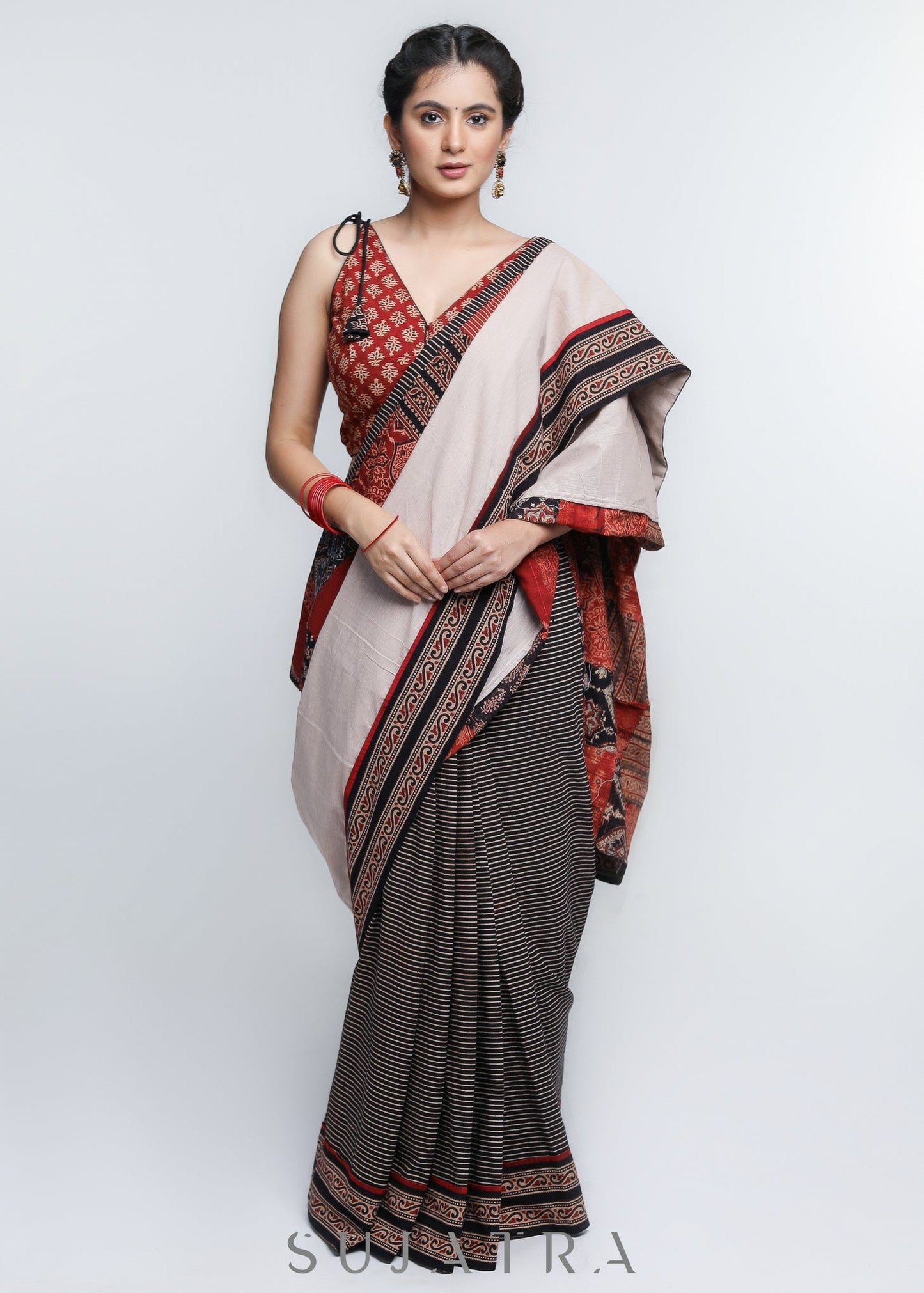 Designer Black Lines Cotton Saree with Patchwork & Cream Pallu