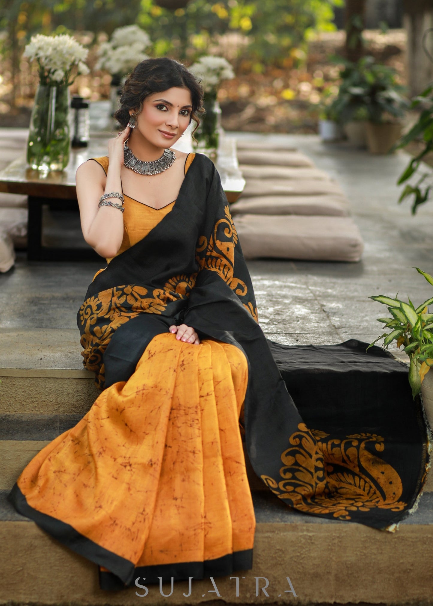 Exquisite Mustard & Black Combination Pure Handpainted Batik saree