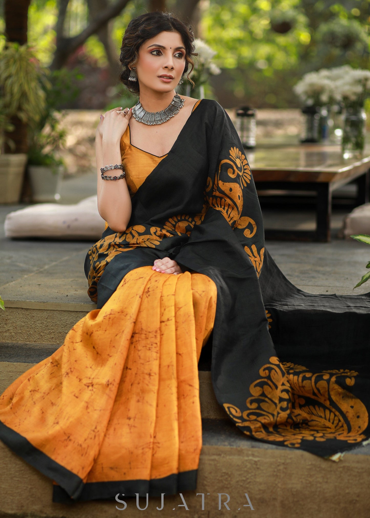 Exquisite Mustard & Black Combination Pure Handpainted Batik saree