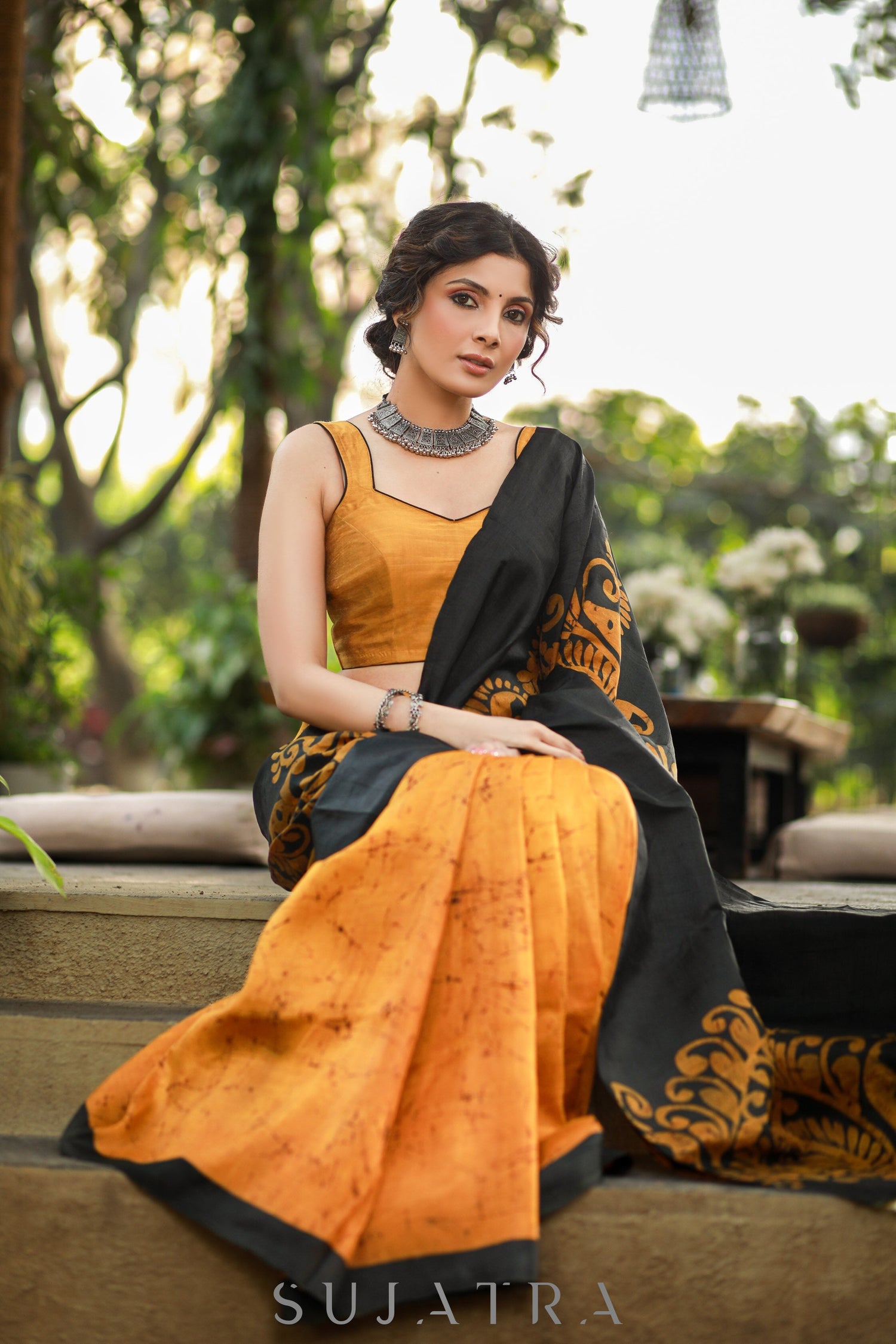 Exquisite Mustard & Black Combination Pure Handpainted Batik saree