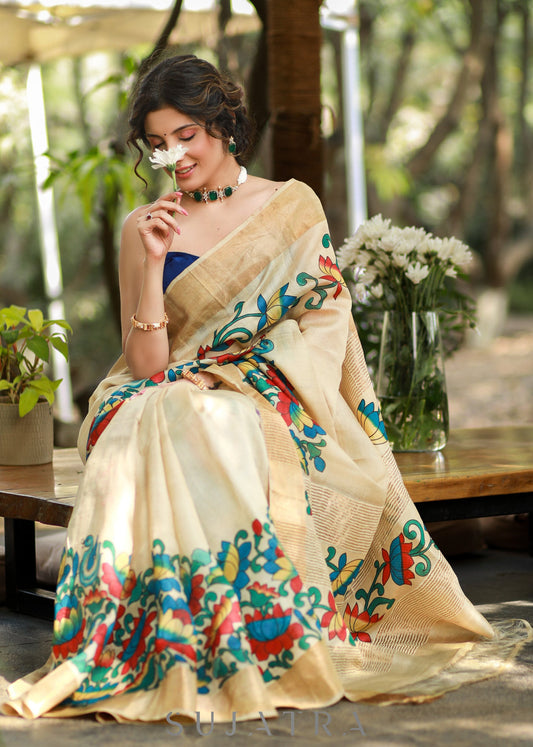 Classy Cream Pure Silk Handpianted Kalamkari Saree with Zari Border