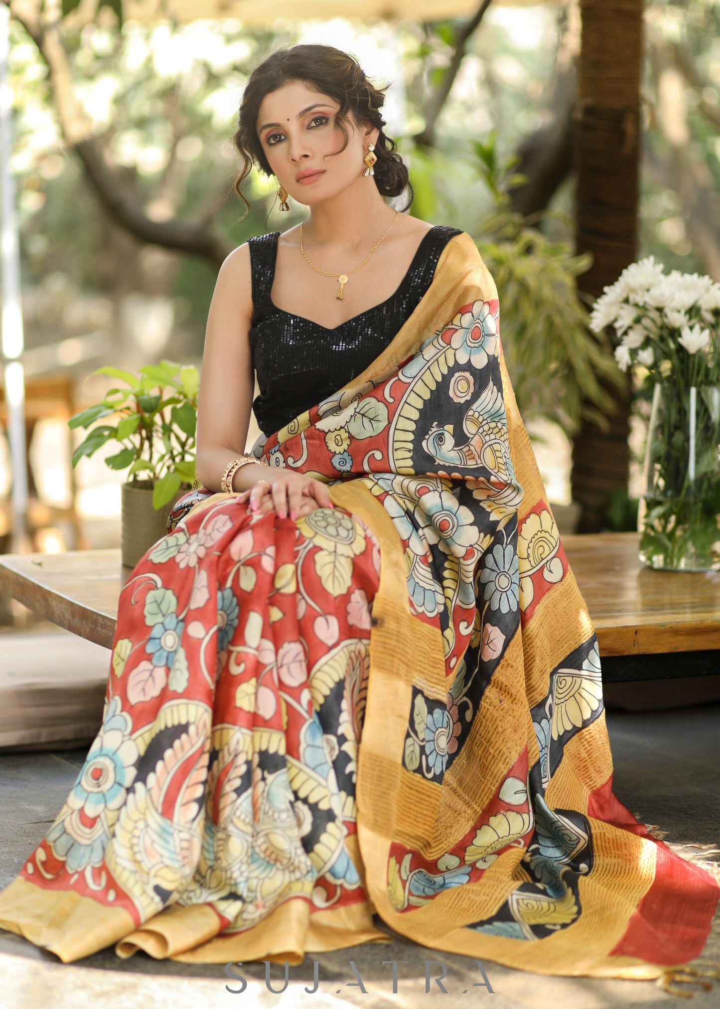 Beautiful Pure Silk Pen Kalamkari Handpainted Milk Wash Saree