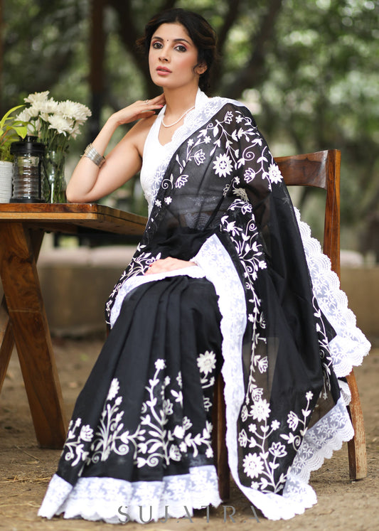 Mesmerising Black Chanderi Saree with Beautiful White Embroidery & Delicate Border