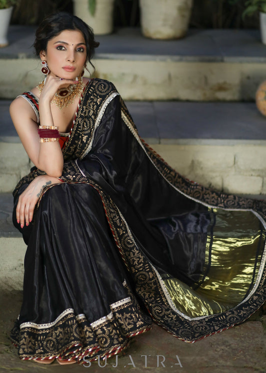 Elegant Black Modal Silk Saree with Golden Border Highlighted with Lace