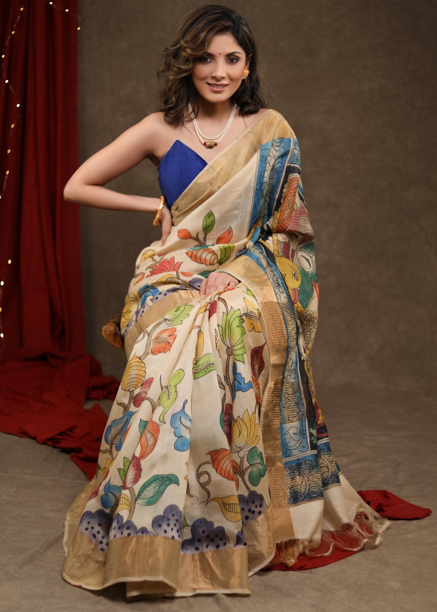 Gorgeous Pure Tussar Silk Kalamkari Design Saree with Zari Border